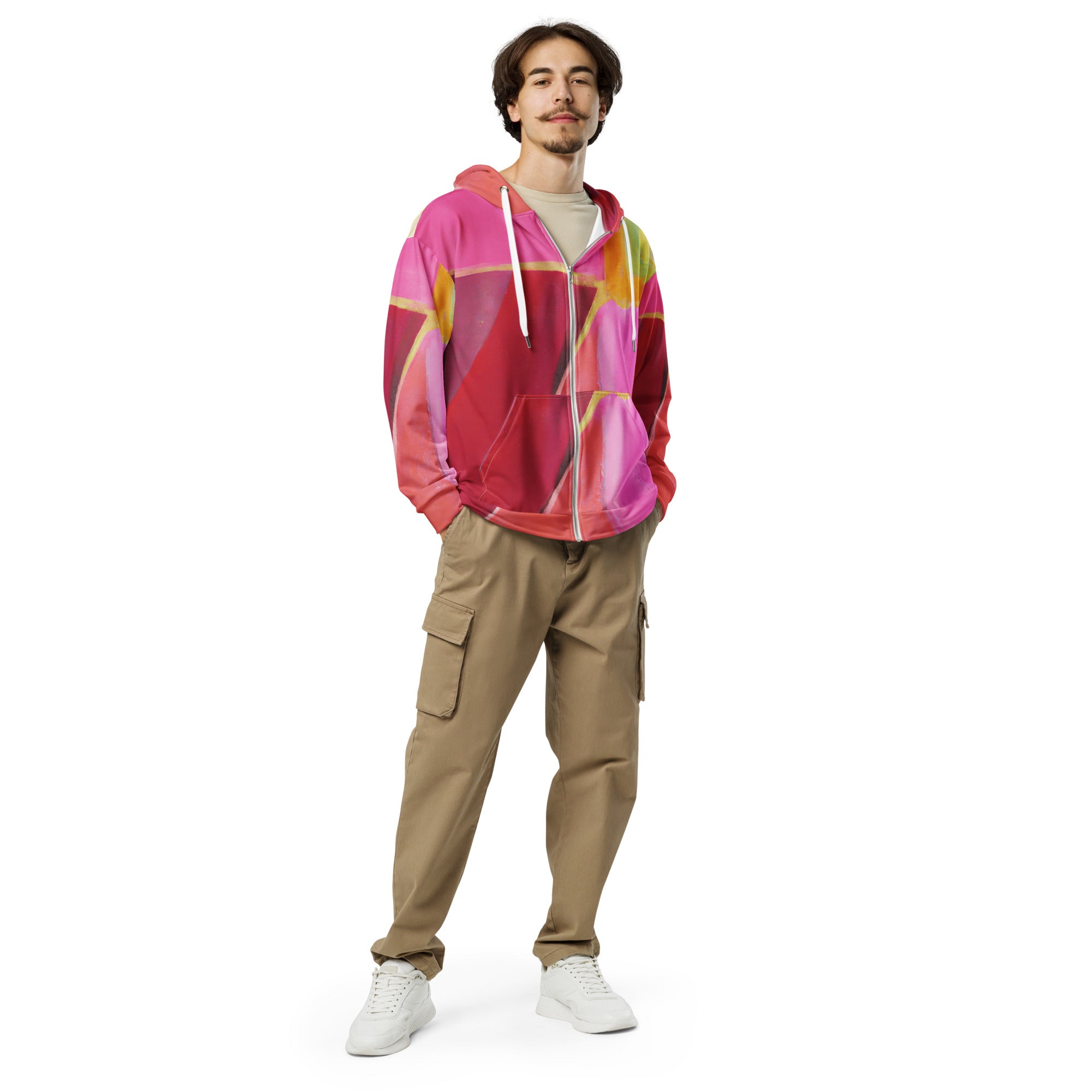 Mens Full Zip Graphic Hoodie in Pink Mauve Red featuring a geometric pattern, showcasing a relaxed fit and double-lined hood.