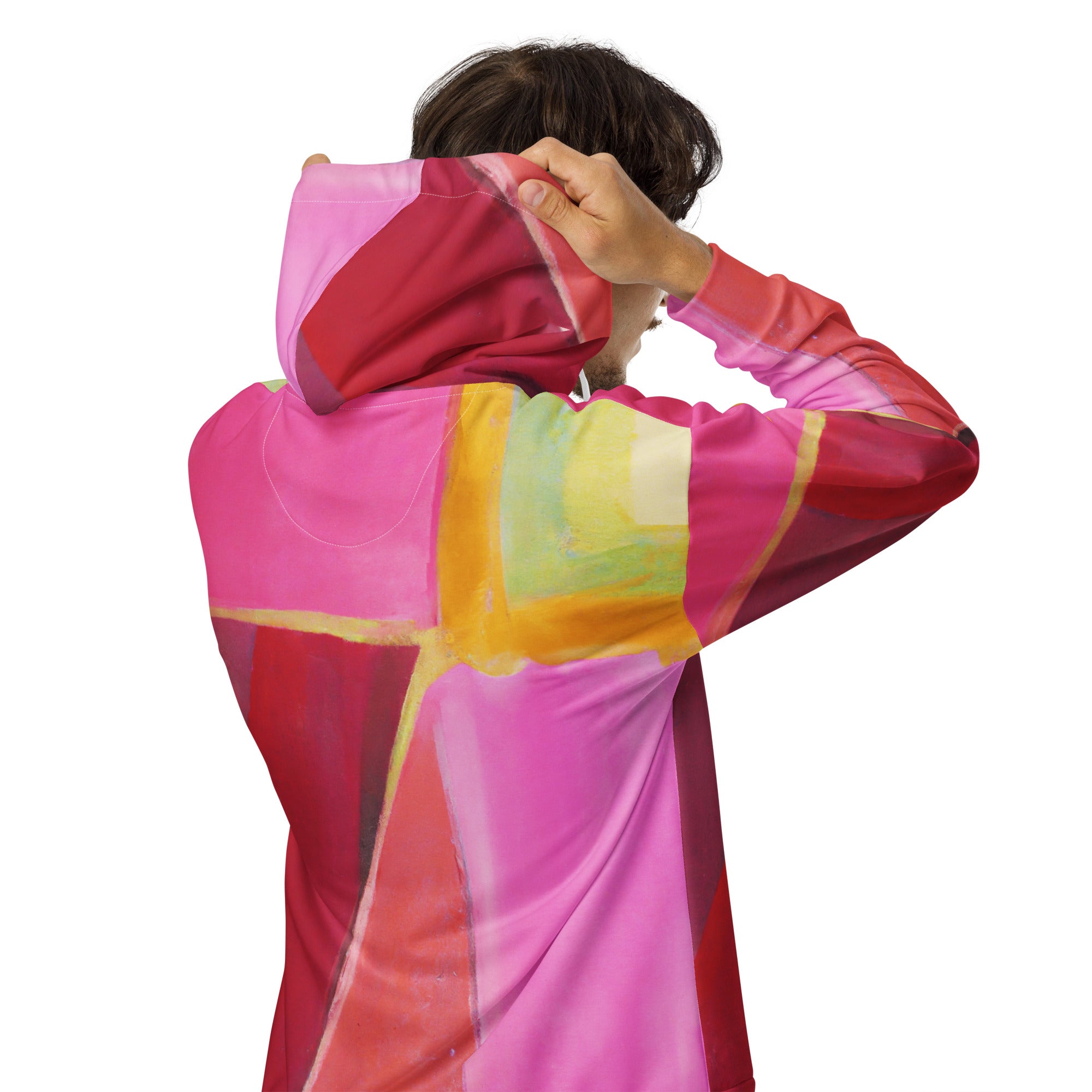 Mens Full Zip Graphic Hoodie in Pink Mauve Red featuring a geometric pattern, showcasing a relaxed fit and double-lined hood.