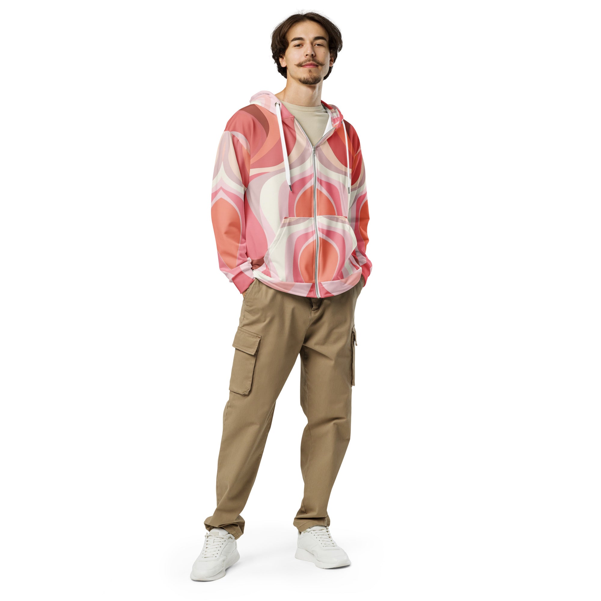 Mens Full Zip Graphic Hoodie in pink and white with boho swirl lines pattern, showcasing a relaxed fit and double-lined hood.