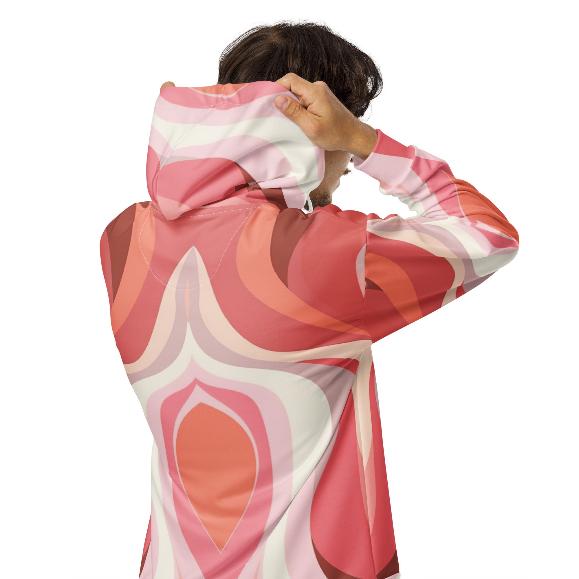 Mens Full Zip Graphic Hoodie in pink and white with boho swirl lines pattern, showcasing a relaxed fit and double-lined hood.