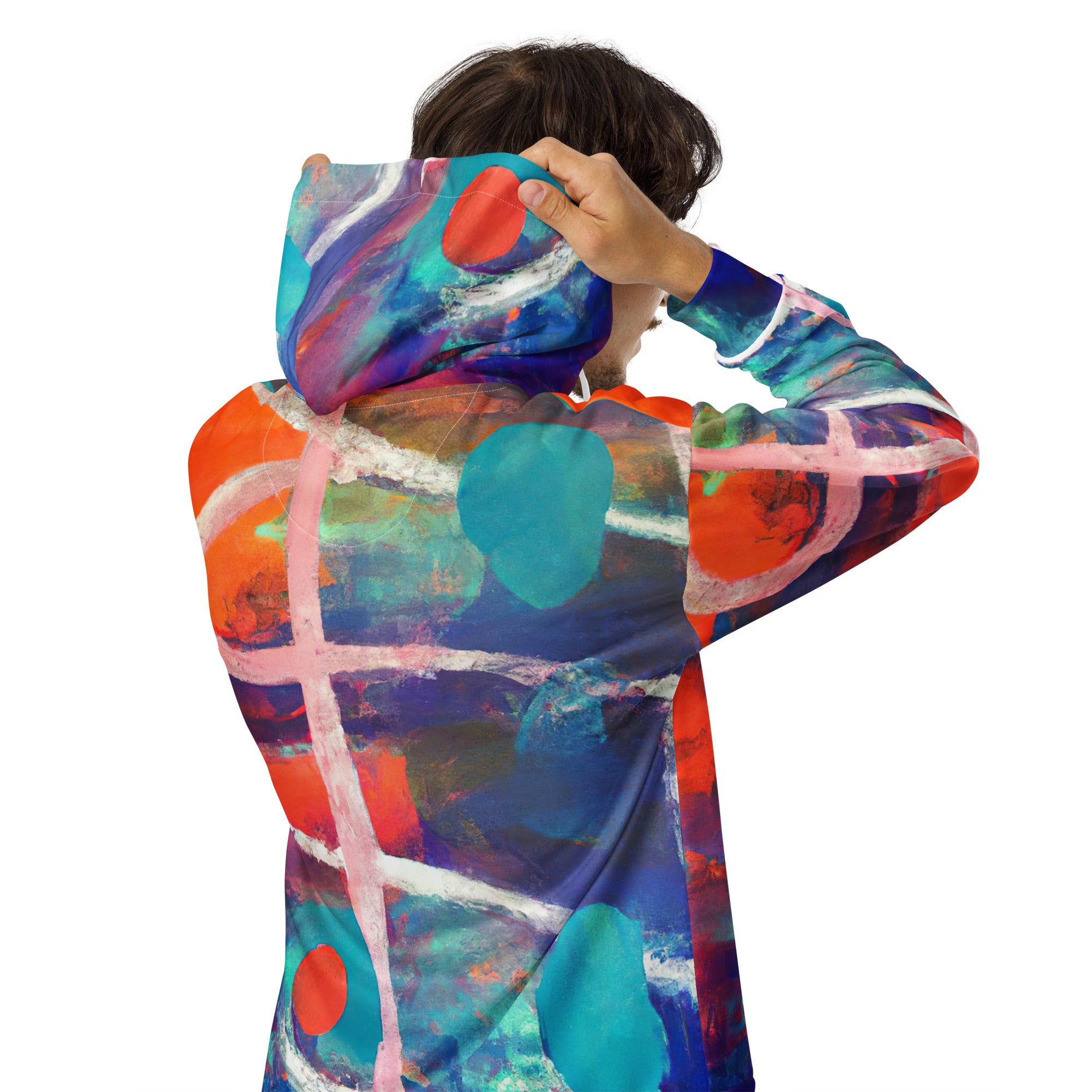 Mens Full Zip Graphic Hoodie in red and blue abstract print, showcasing a relaxed fit and premium details.