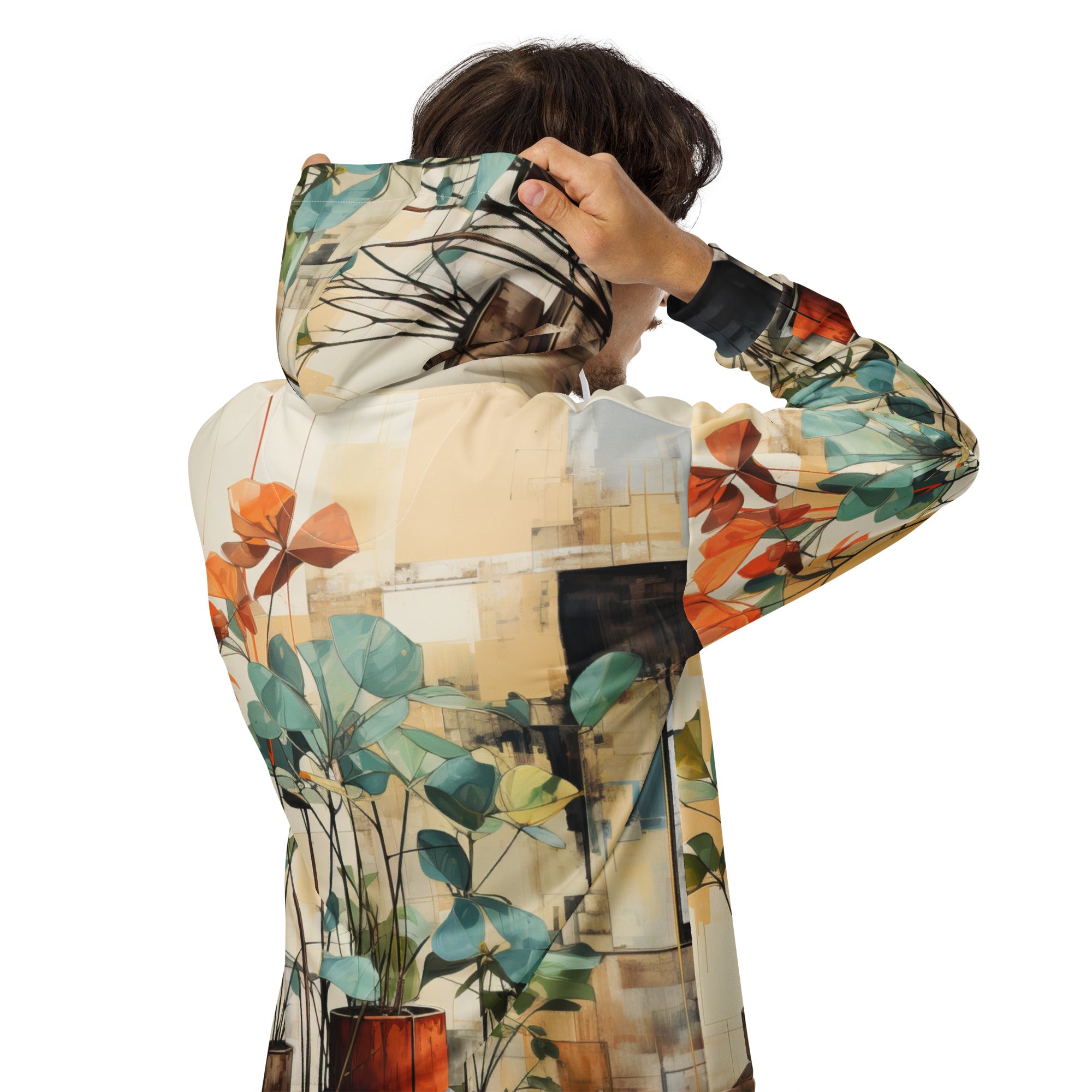 Mens Full Zip Graphic Hoodie featuring rustic botanical plants design, showcasing a cozy and stylish look with a double-lined hood.