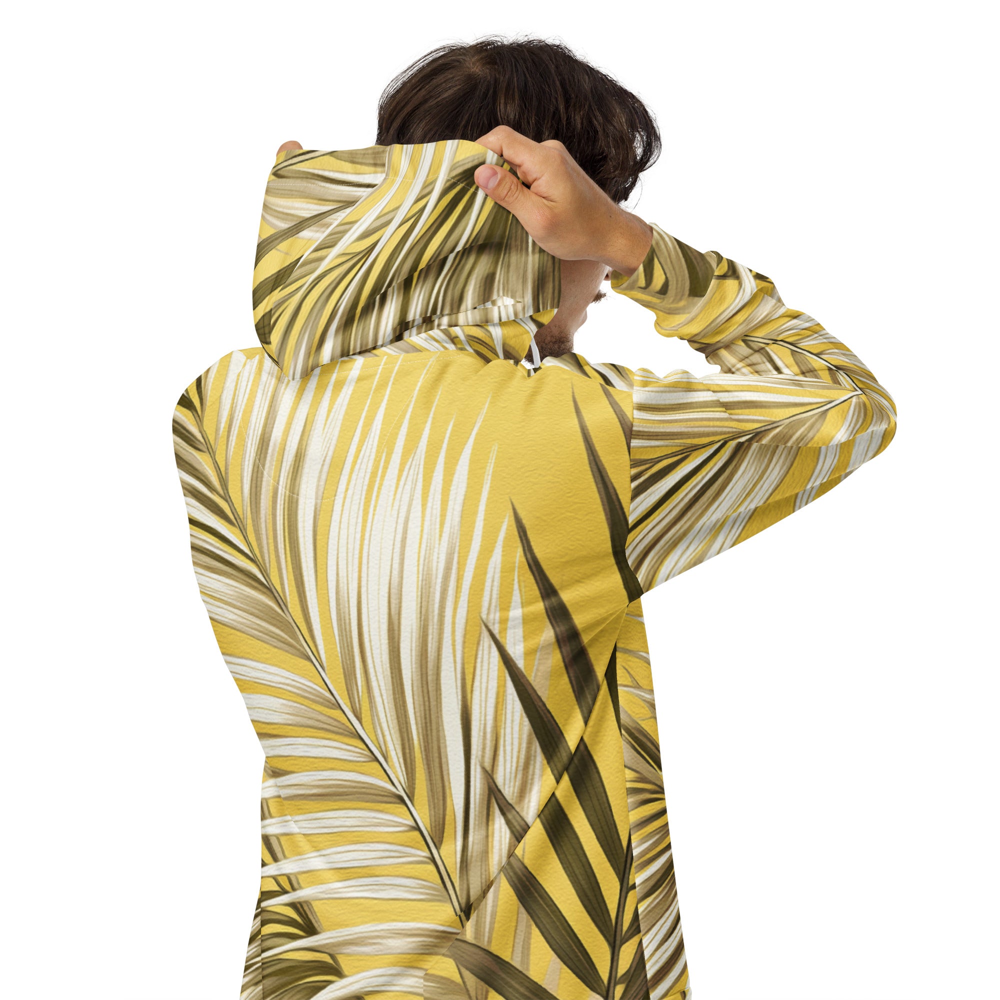 Mens Full Zip Graphic Hoodie featuring white and brown palm leaves design, showcasing a relaxed fit and double-lined hood.