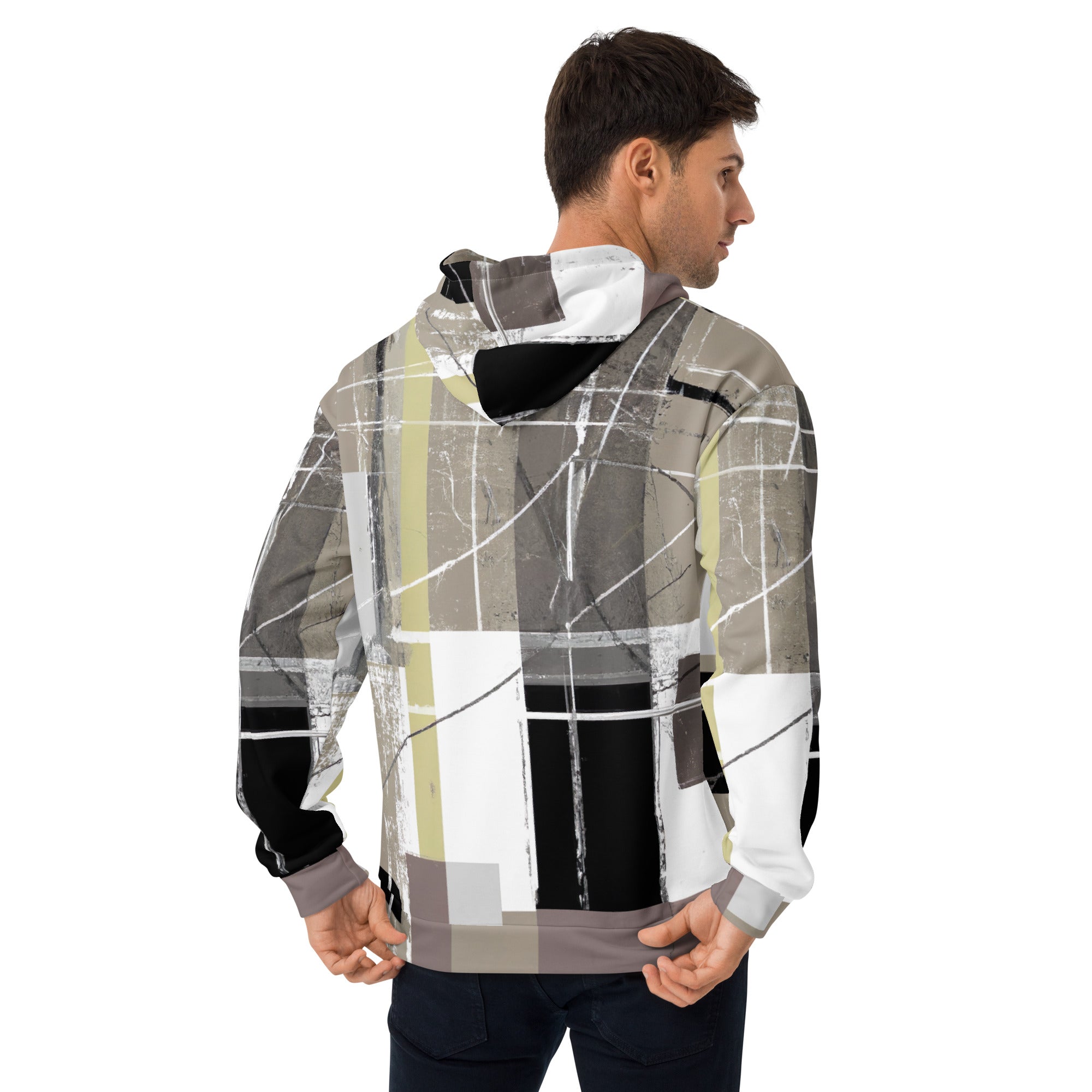 Men's Graphic Hoodie featuring abstract brown geometric shapes, showcasing a stylish design with a comfortable fit.