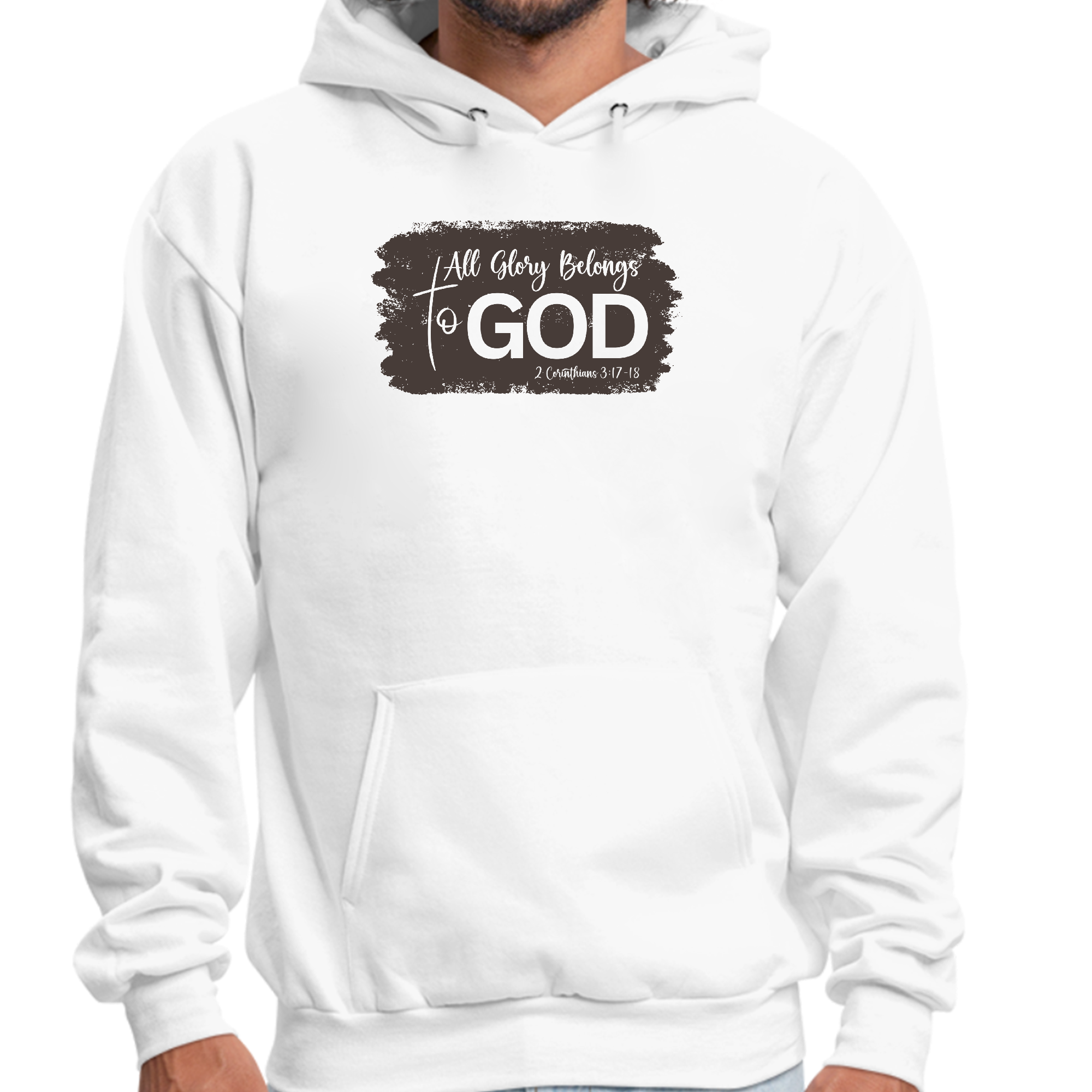 Men's brown graphic hoodie featuring 'All Glory Belongs to God' illustration, showcasing a comfortable and stylish design.