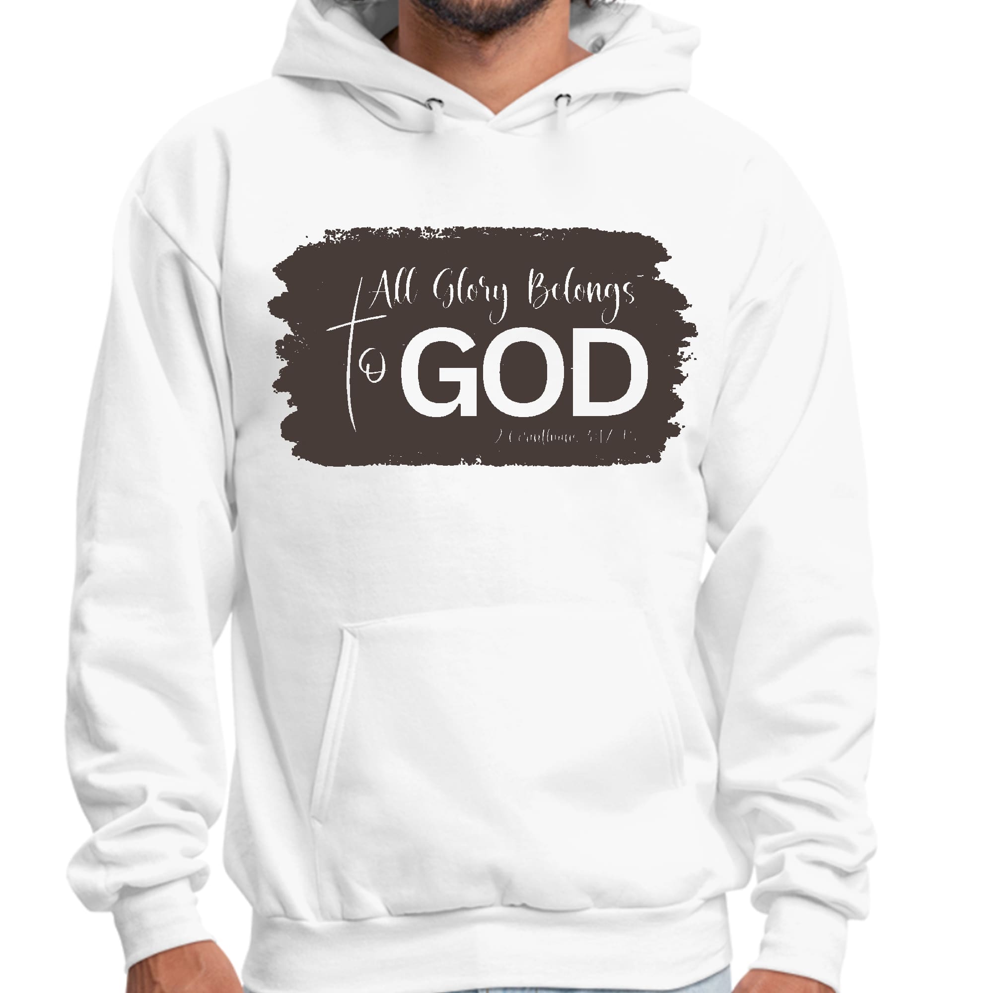 Men's brown graphic hoodie featuring 'All Glory Belongs to God' illustration, showcasing a comfortable and stylish design.