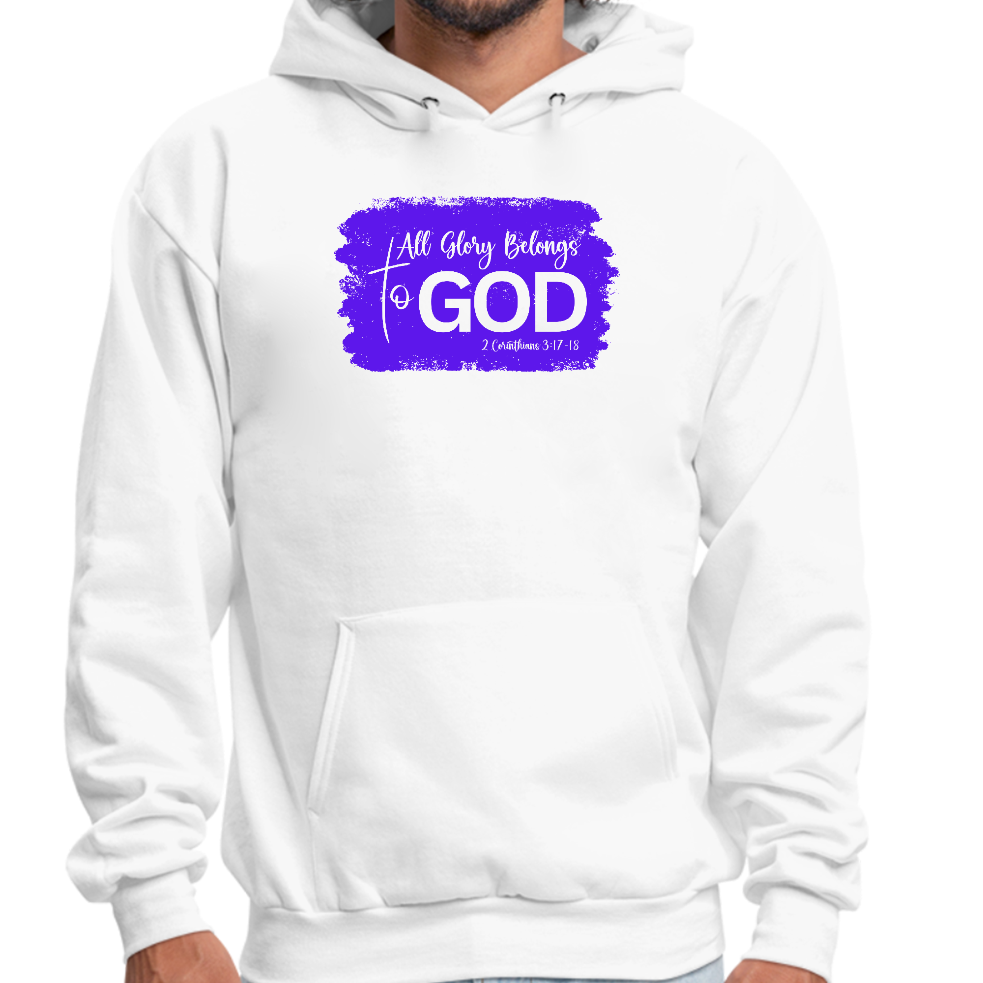 Men's purple graphic hoodie featuring 'All Glory Belongs to God' illustration, showcasing a comfortable and stylish design.