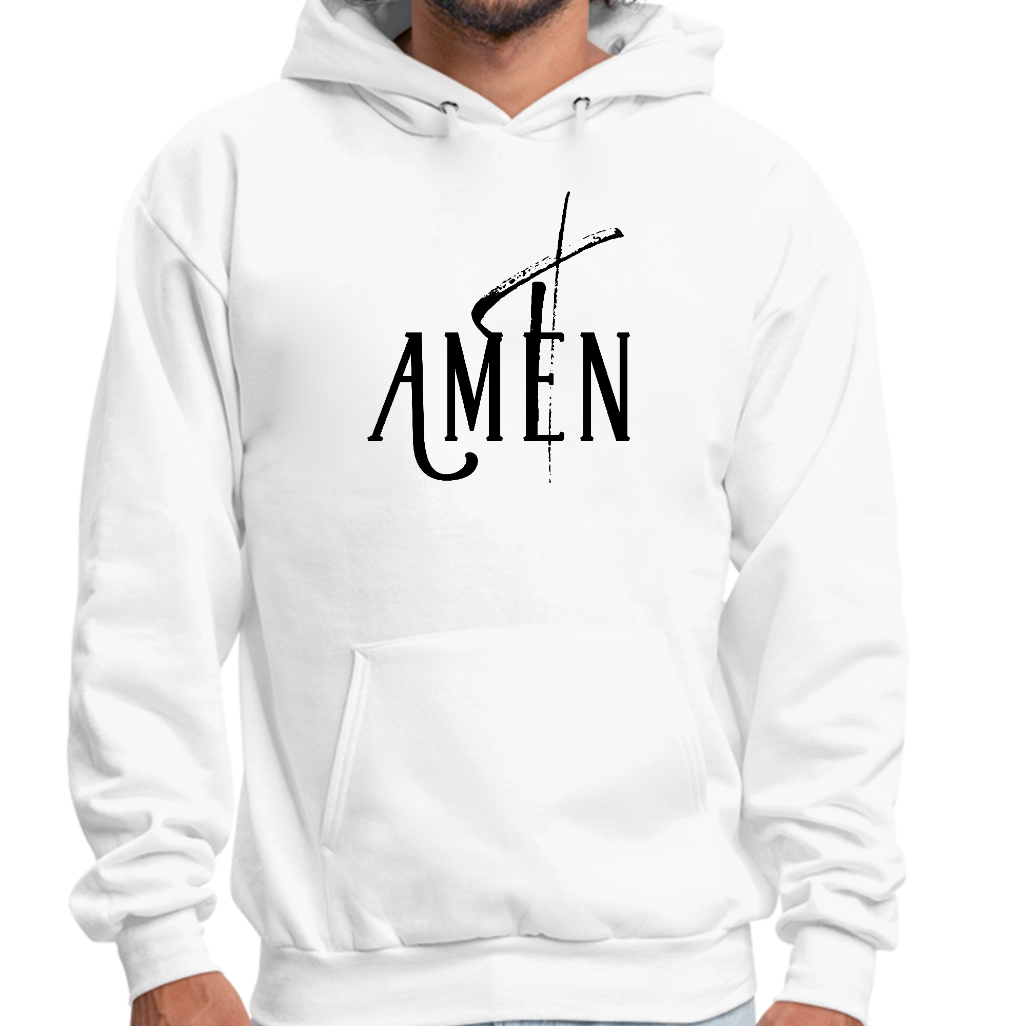 Mens Graphic Hoodie featuring AMEN Black Print, showcasing a trendy design with a drawstring neckline and ribbed cuffs.