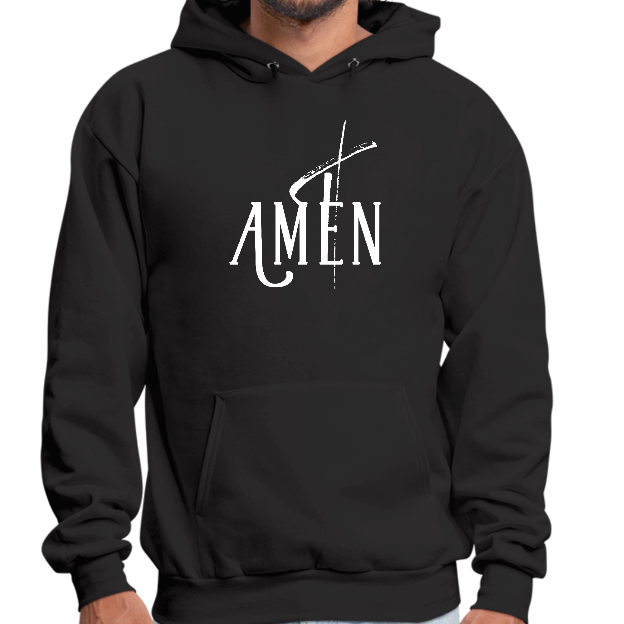 Mens Graphic Hoodie with AMEN White Print, showcasing a trendy design and comfortable fit, perfect for creative individuals.