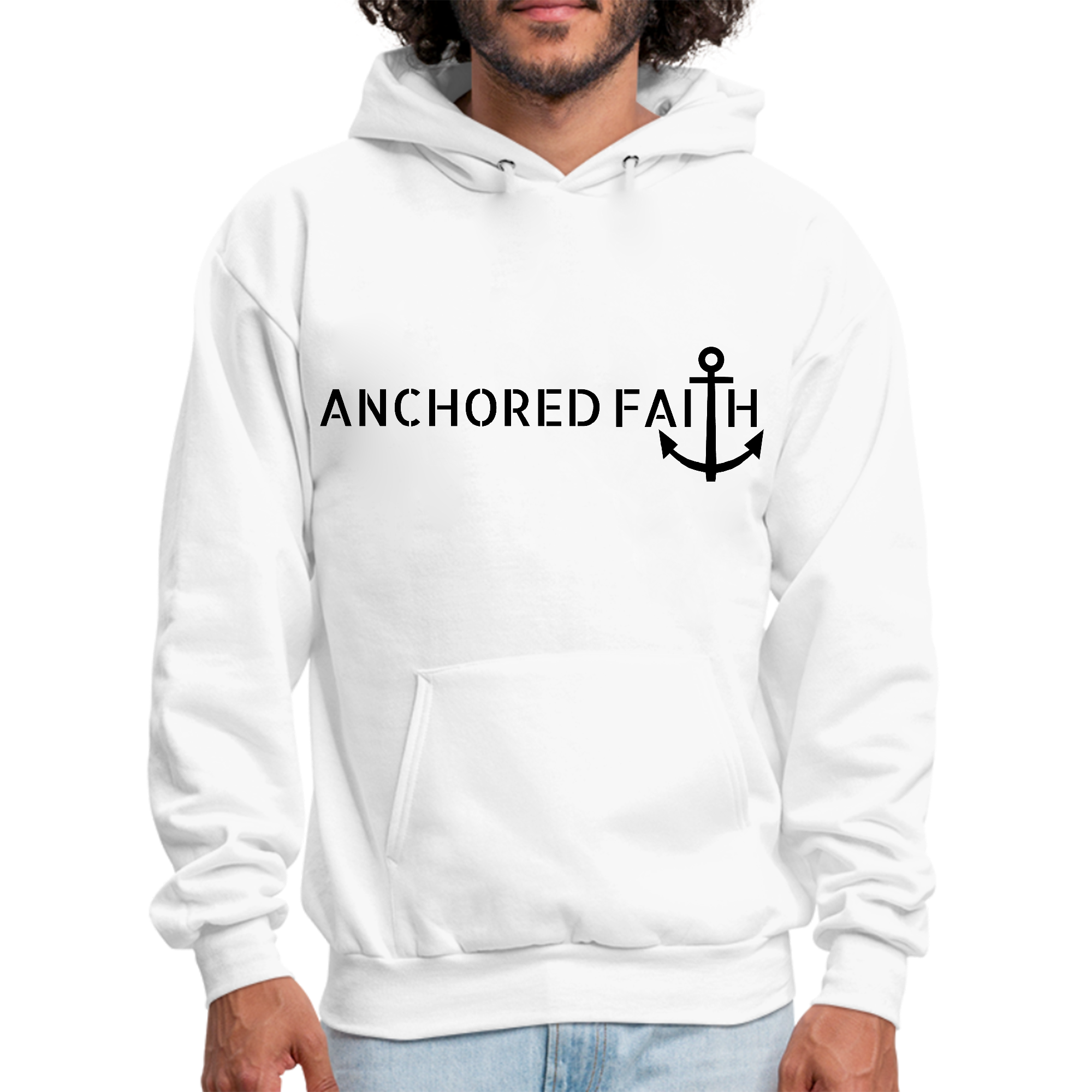 Mens Graphic Hoodie featuring Anchored Faith black print design, showcasing a comfortable and stylish long sleeve fit.