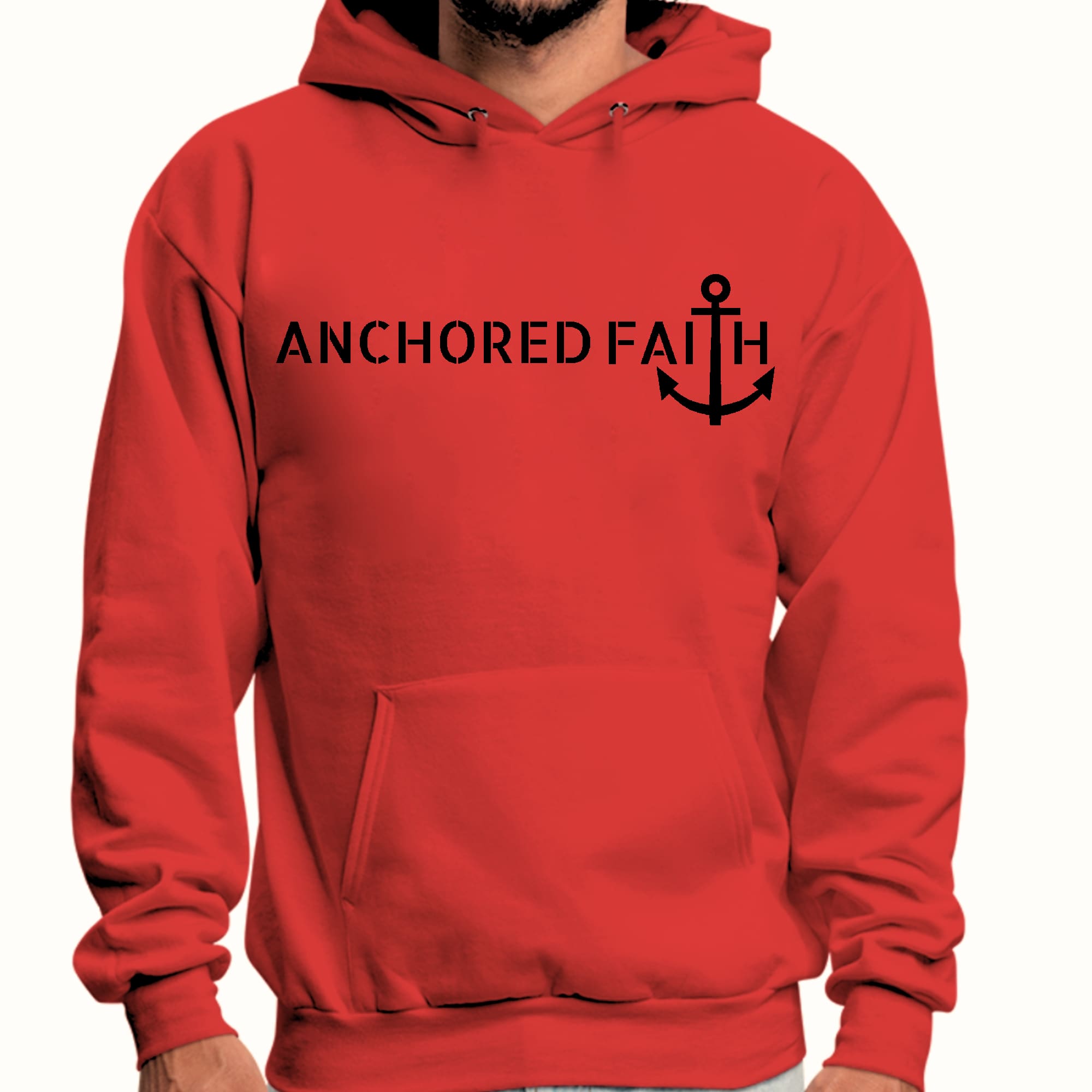 Mens Graphic Hoodie featuring Anchored Faith black print design, showcasing a comfortable and stylish long sleeve fit.