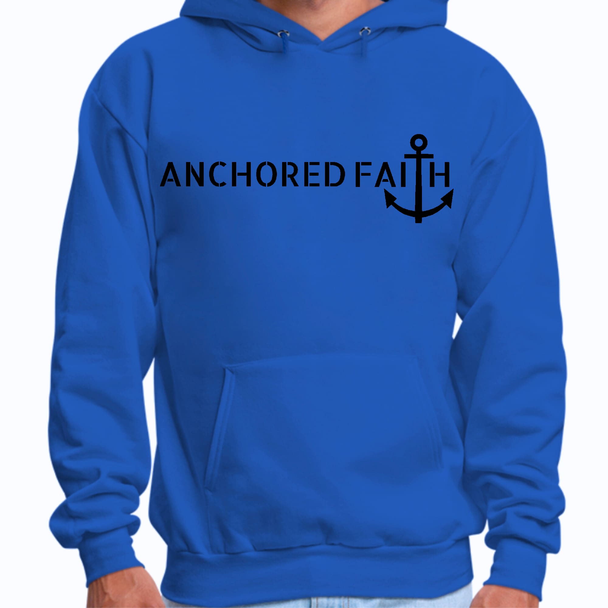 Mens Graphic Hoodie featuring Anchored Faith black print design, showcasing a comfortable and stylish long sleeve fit.