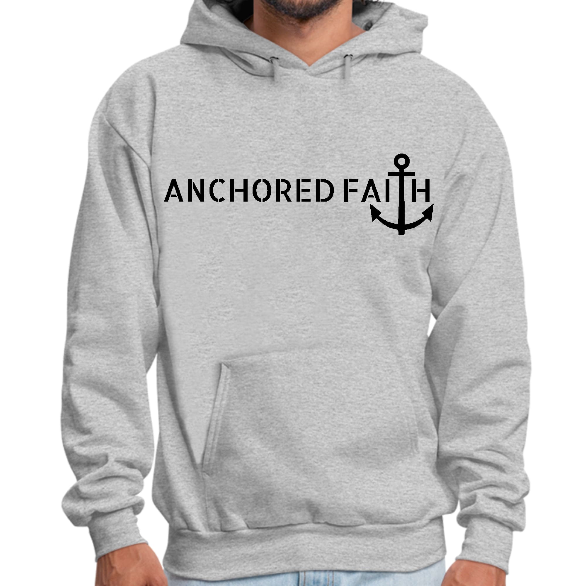 Mens Graphic Hoodie featuring Anchored Faith black print design, showcasing a comfortable and stylish long sleeve fit.