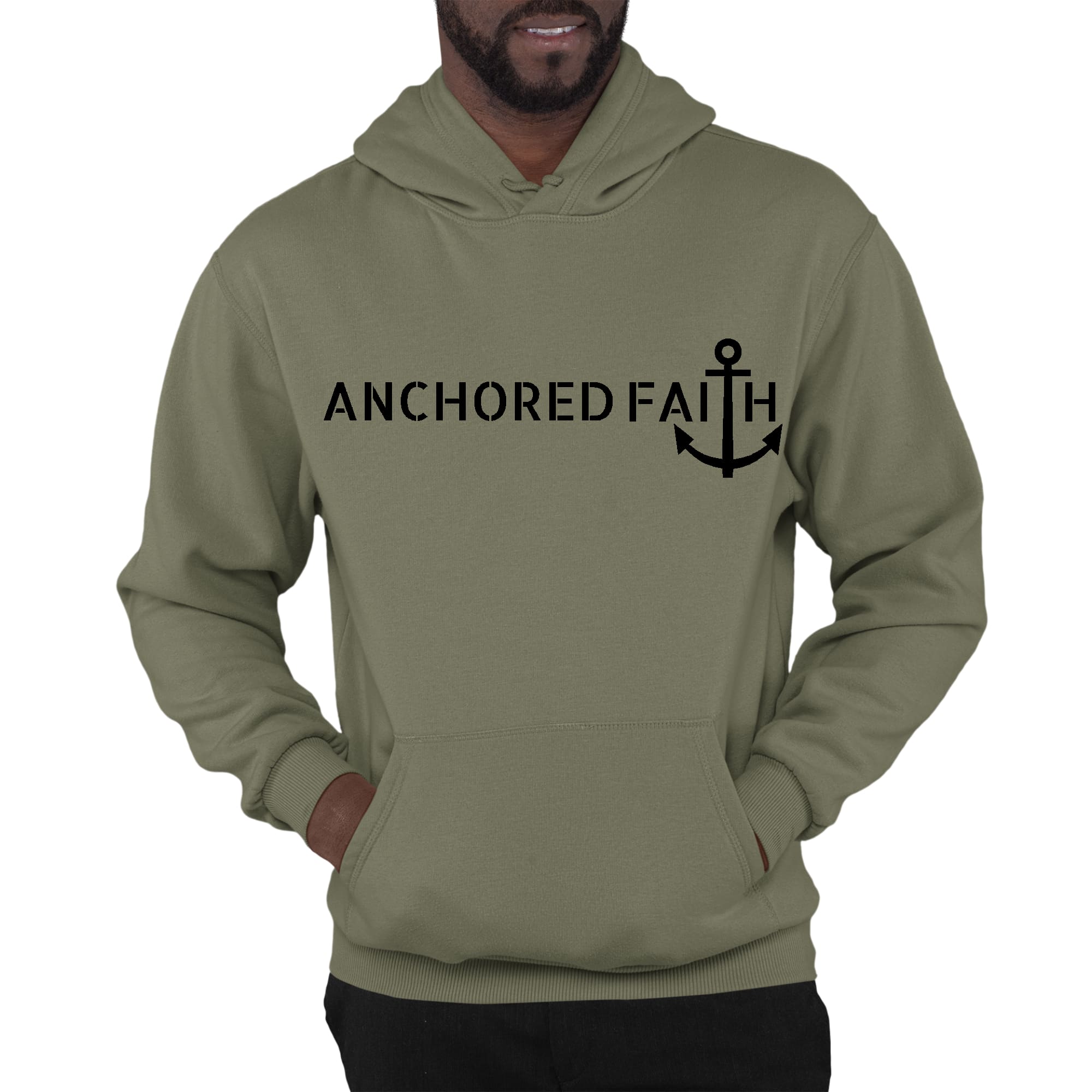 Mens Graphic Hoodie featuring Anchored Faith black print design, showcasing a comfortable and stylish long sleeve fit.