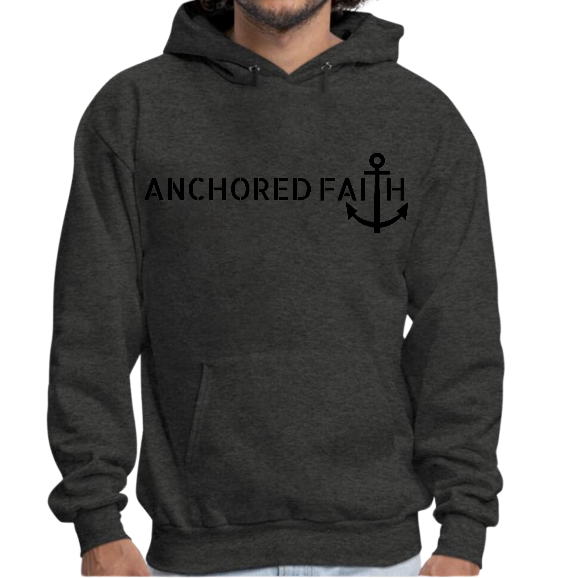 Mens Graphic Hoodie featuring Anchored Faith black print design, showcasing a comfortable and stylish long sleeve fit.