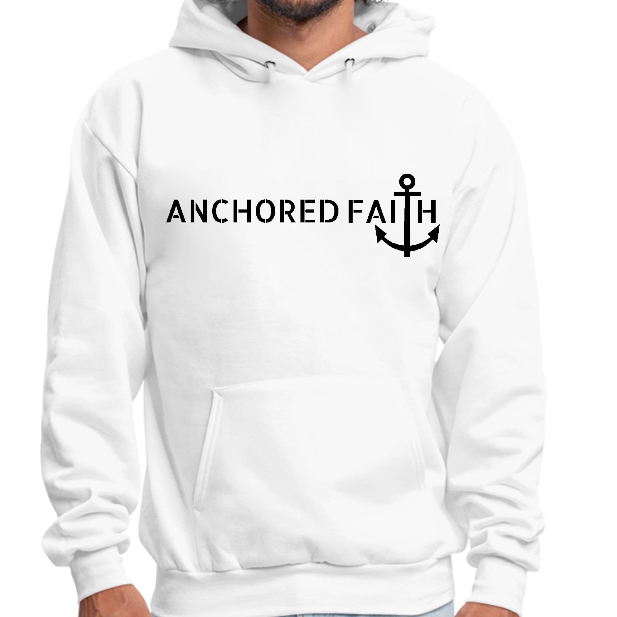 Mens Graphic Hoodie featuring Anchored Faith black print design, showcasing a comfortable and stylish long sleeve fit.