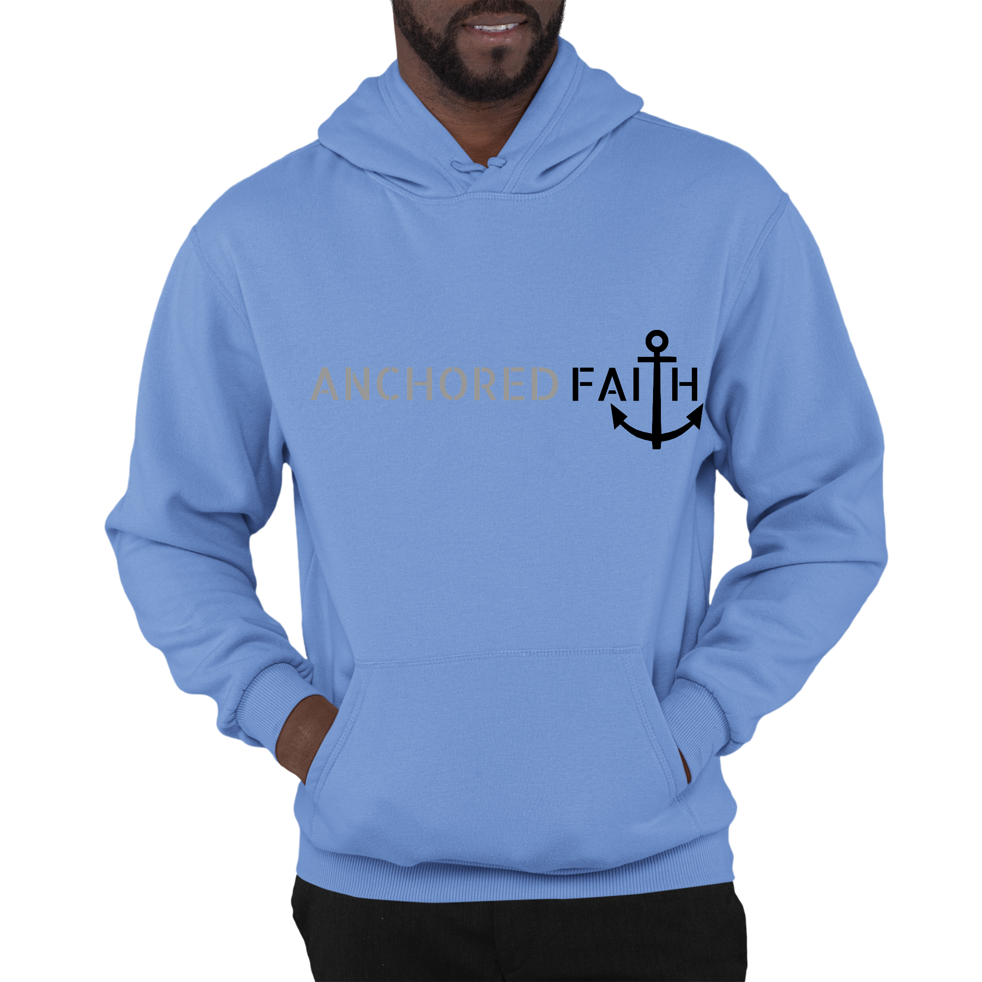 Men's graphic hoodie featuring Anchored Faith design in grey and black, showcasing a comfortable fit and stylish look.