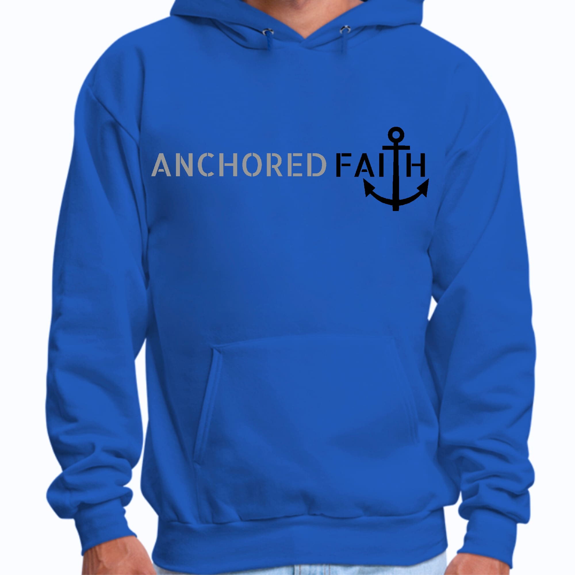 Men's graphic hoodie featuring Anchored Faith design in grey and black, showcasing a comfortable fit and stylish look.