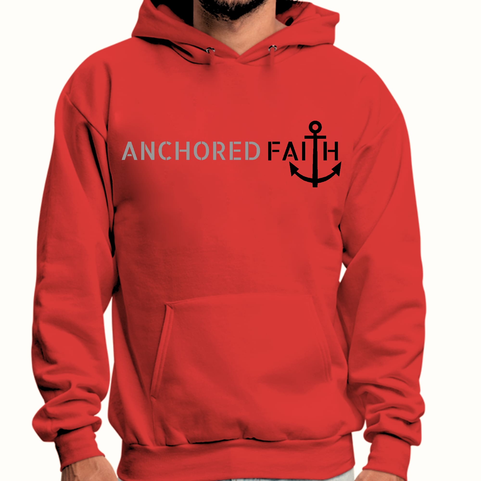 Men's graphic hoodie featuring Anchored Faith design in grey and black, showcasing a comfortable fit and stylish look.