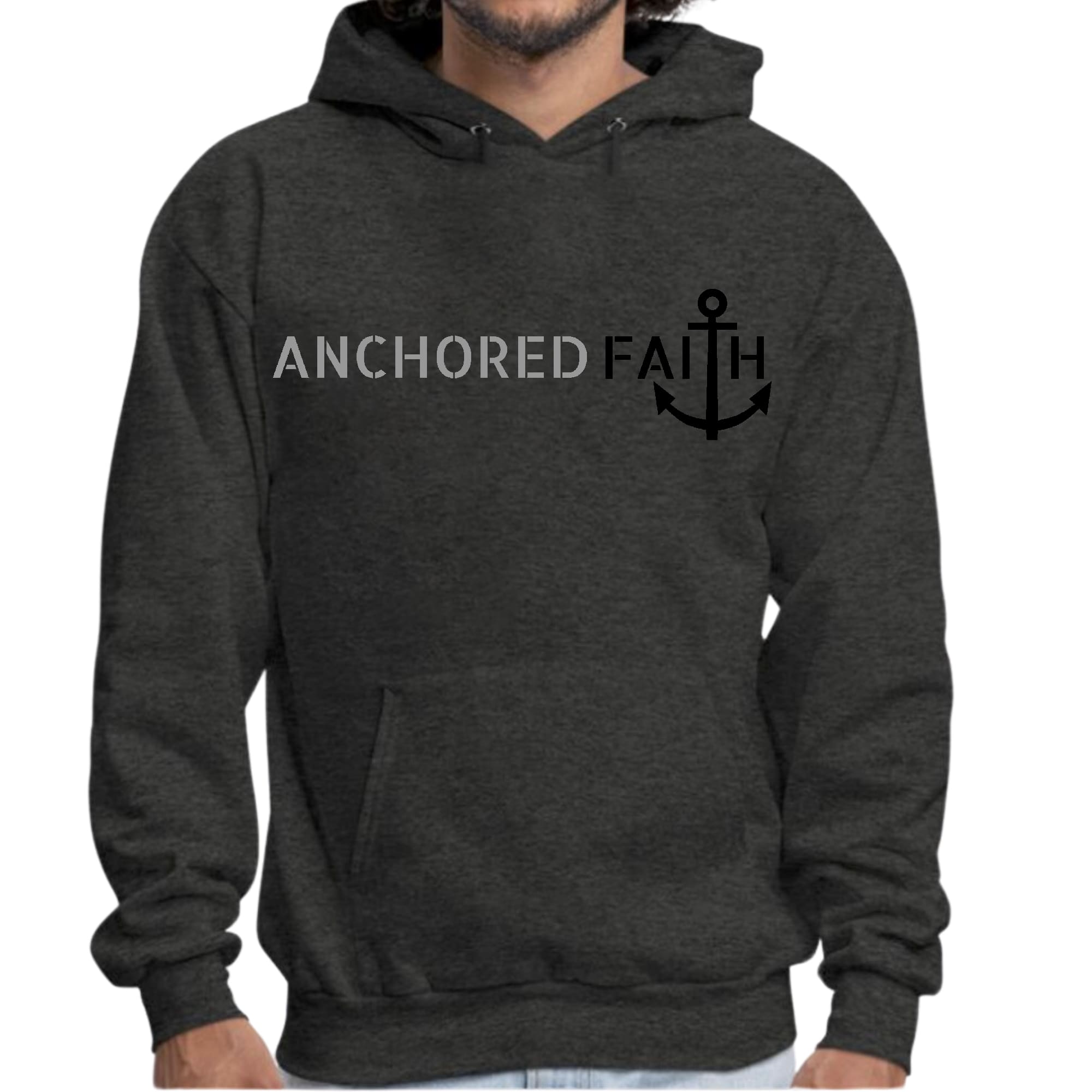 Men's graphic hoodie featuring Anchored Faith design in grey and black, showcasing a comfortable fit and stylish look.