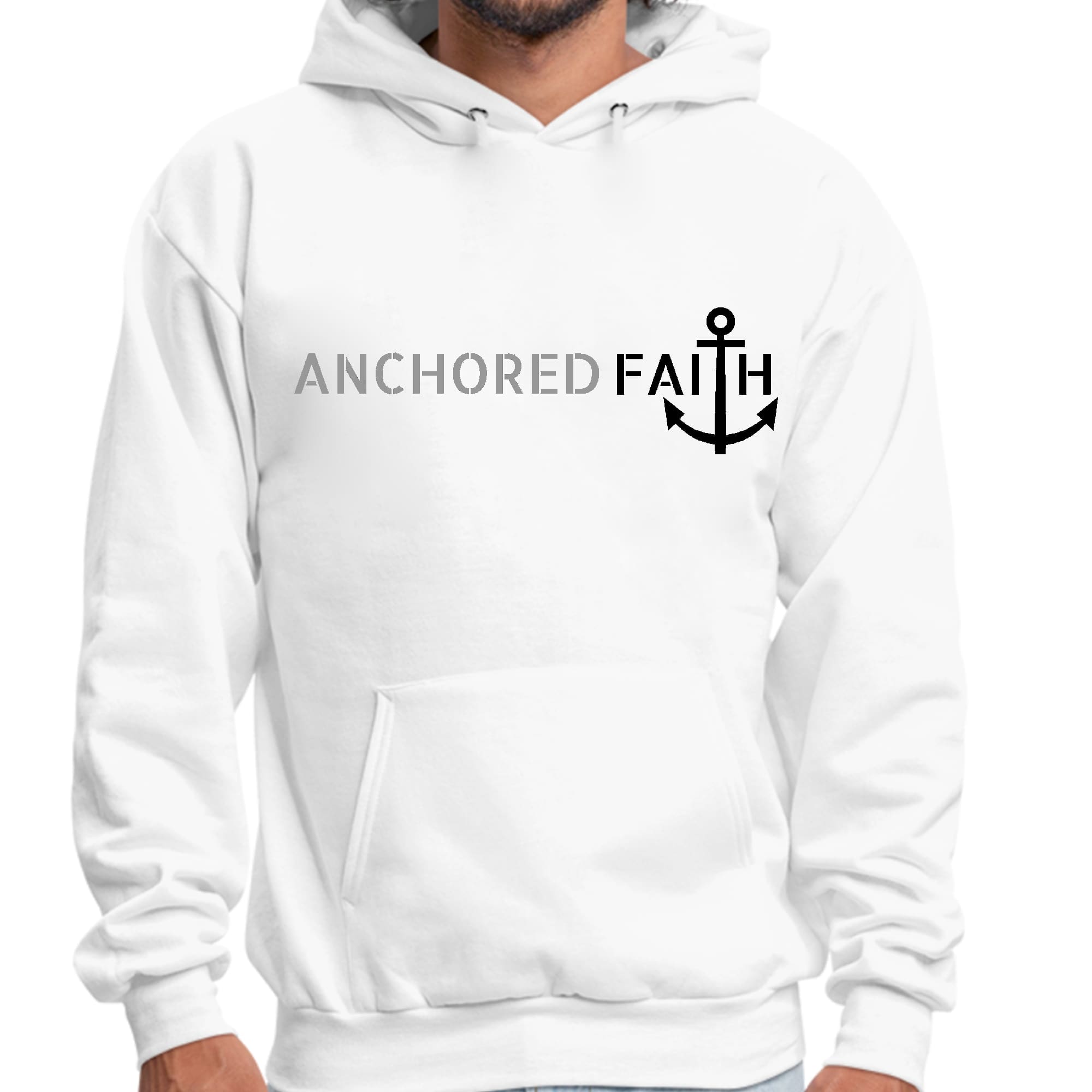 Men's graphic hoodie featuring Anchored Faith design in grey and black, showcasing a comfortable fit and stylish look.