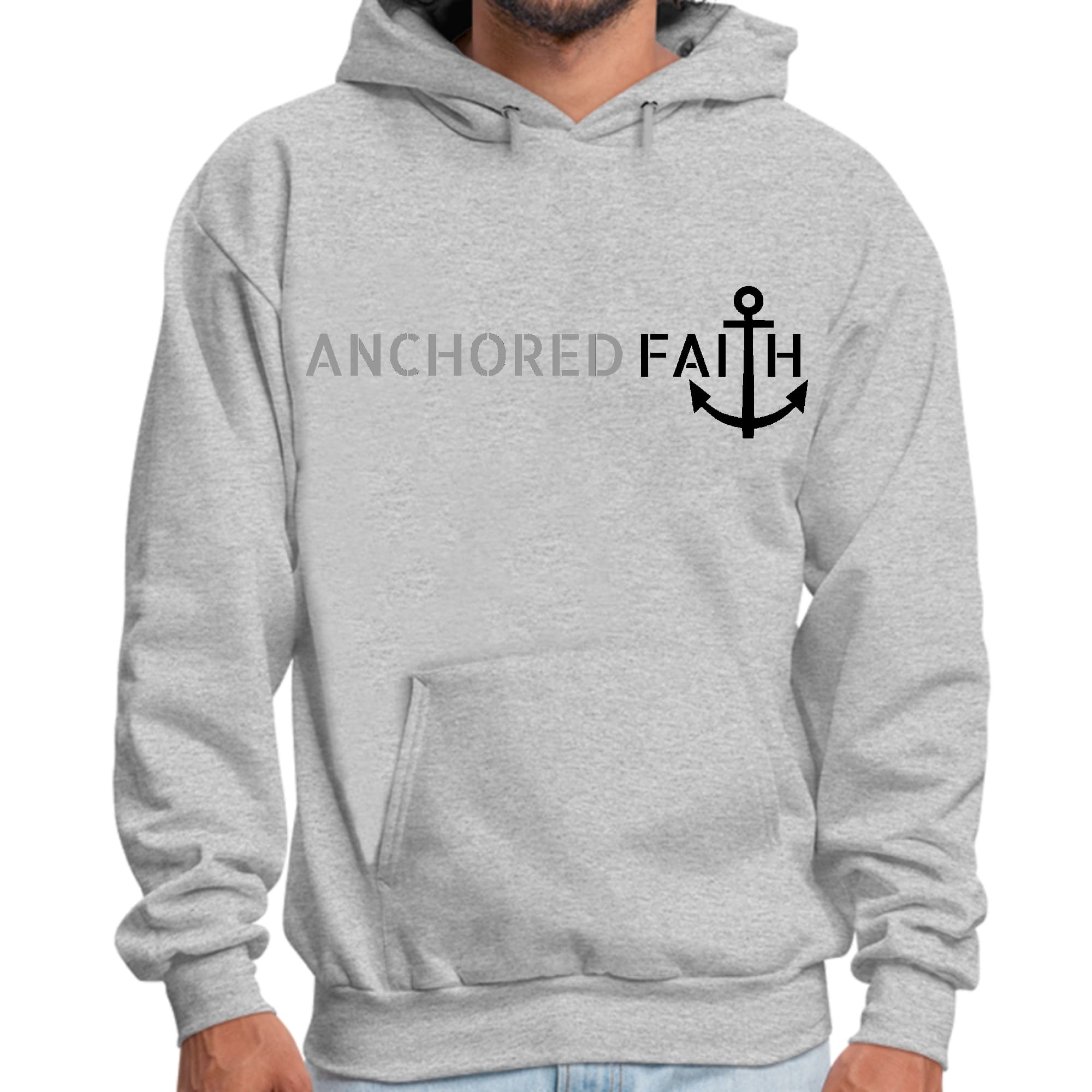 Men's graphic hoodie featuring Anchored Faith design in grey and black, showcasing a comfortable fit and stylish look.