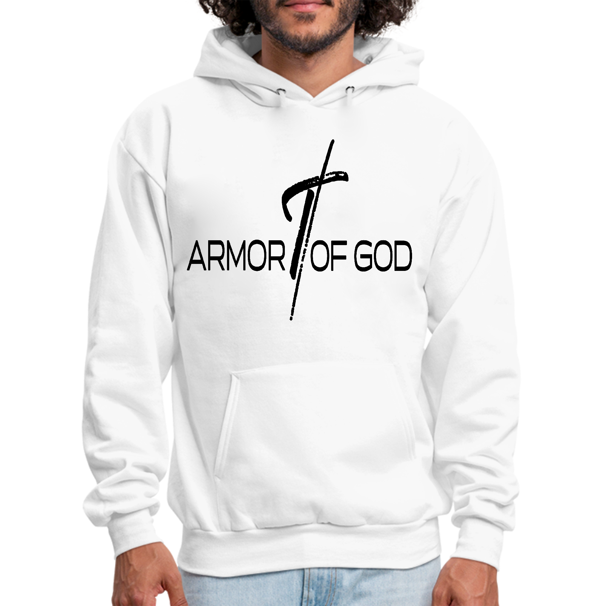 Men's black graphic hoodie featuring the Armor of God illustration, showcasing a stylish design and comfortable fit.