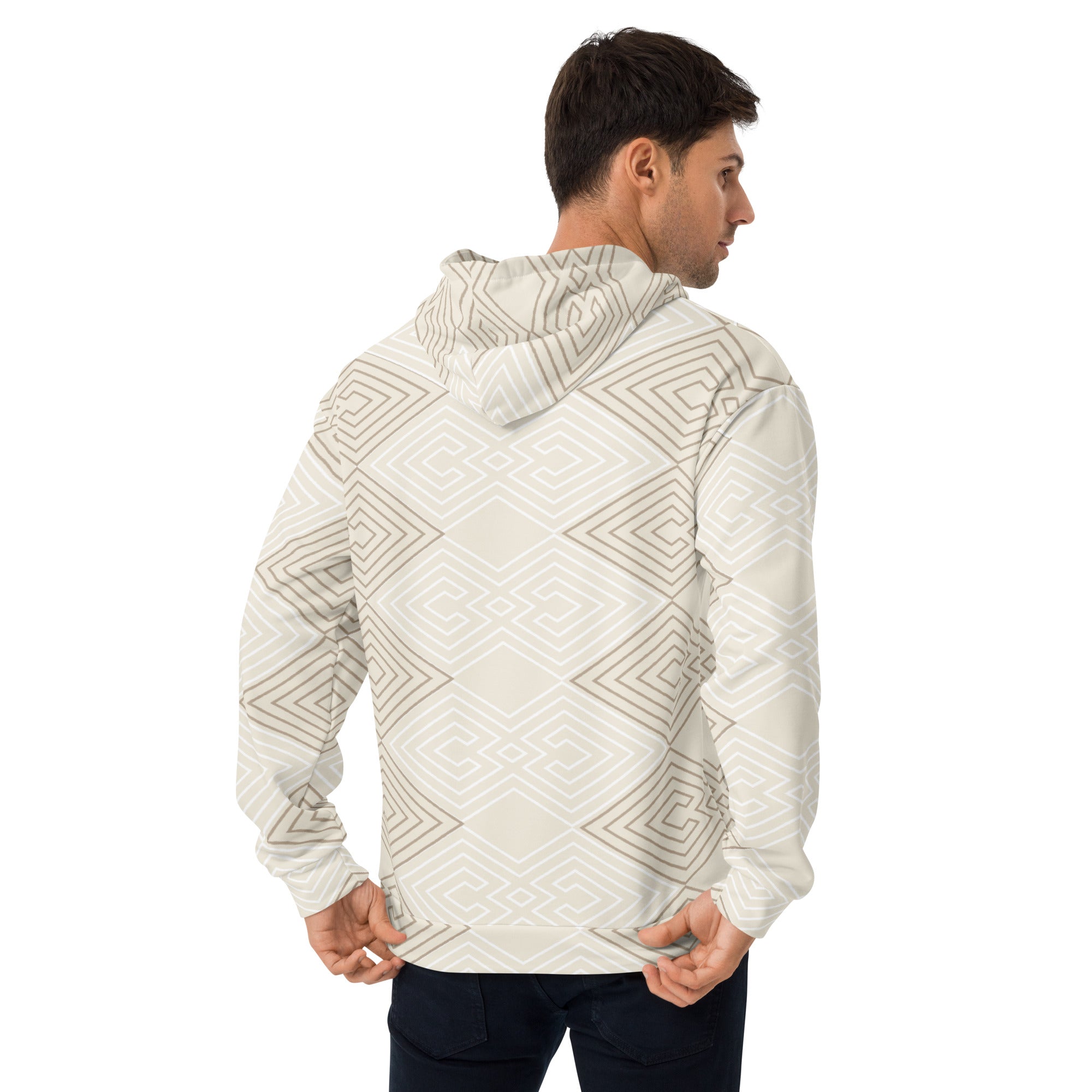 Men's Graphic Hoodie in Beige Brown featuring Aztec geometric lines design, showcasing a stylish and comfortable fit with a double-lined hood.