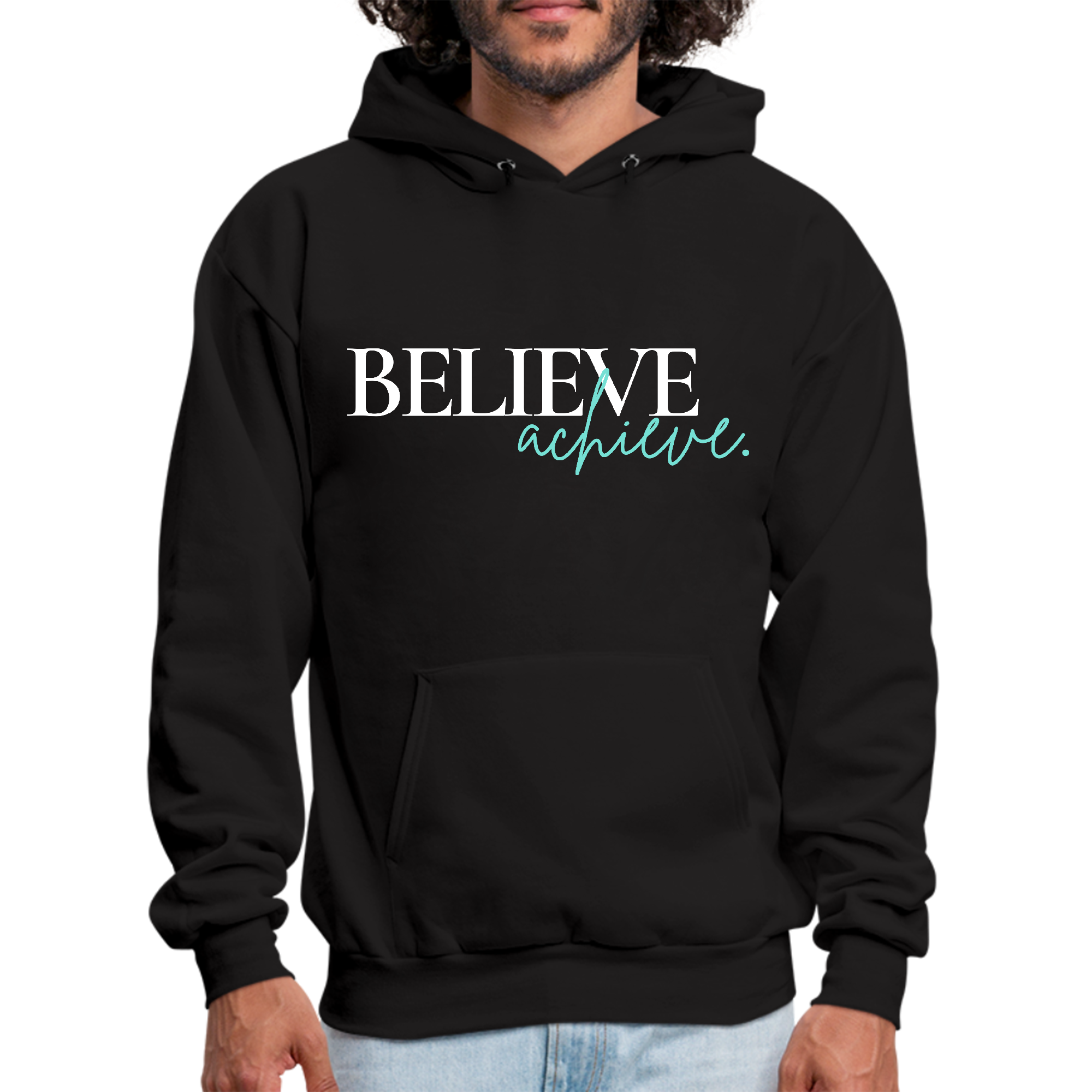 Men's Graphic Hoodie featuring 'Believe and Achieve' motivational design, showcasing a comfortable fit and soft fabric.