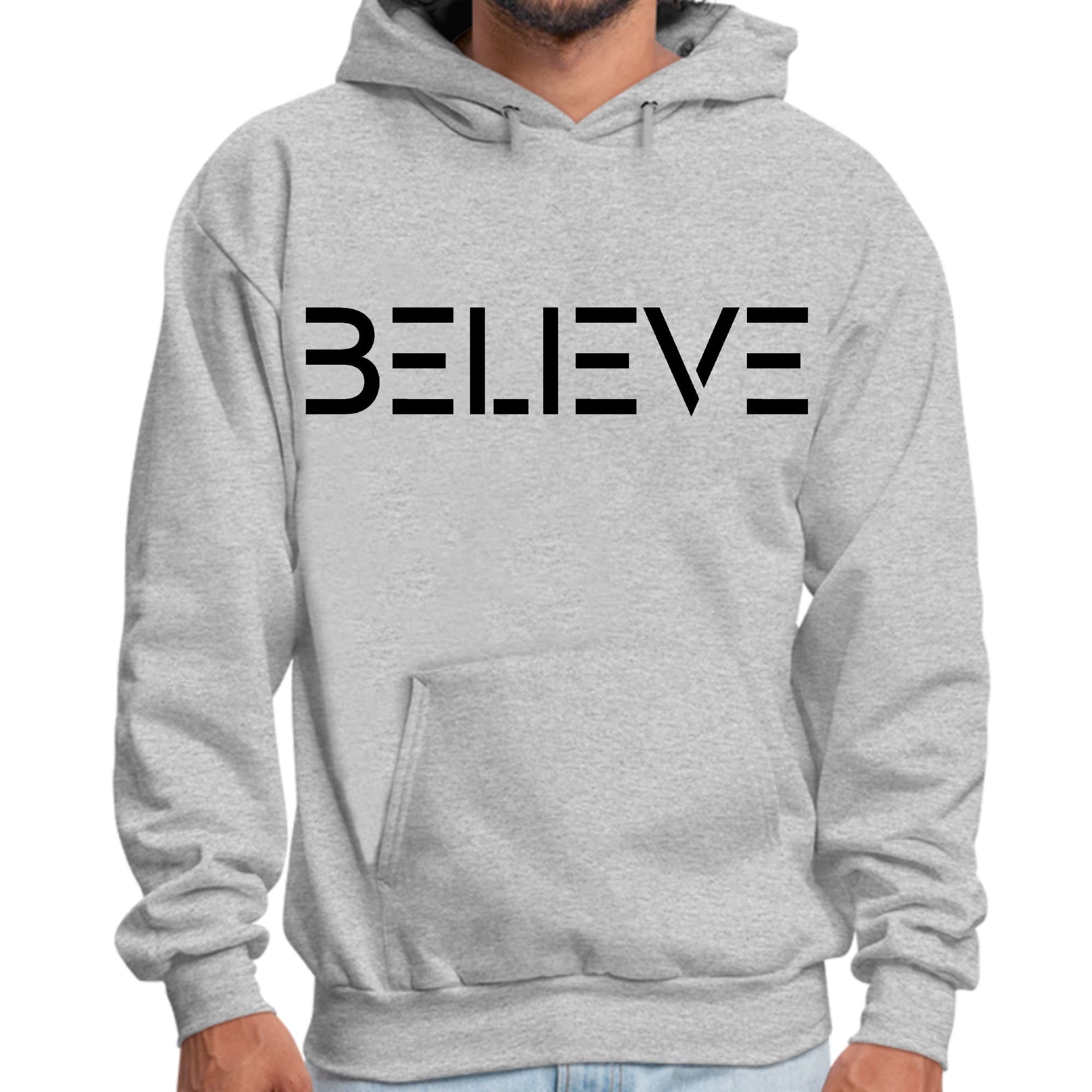 Men's black graphic hoodie featuring 'Believe' print, showcasing a comfortable and stylish design with drawstring neckline.