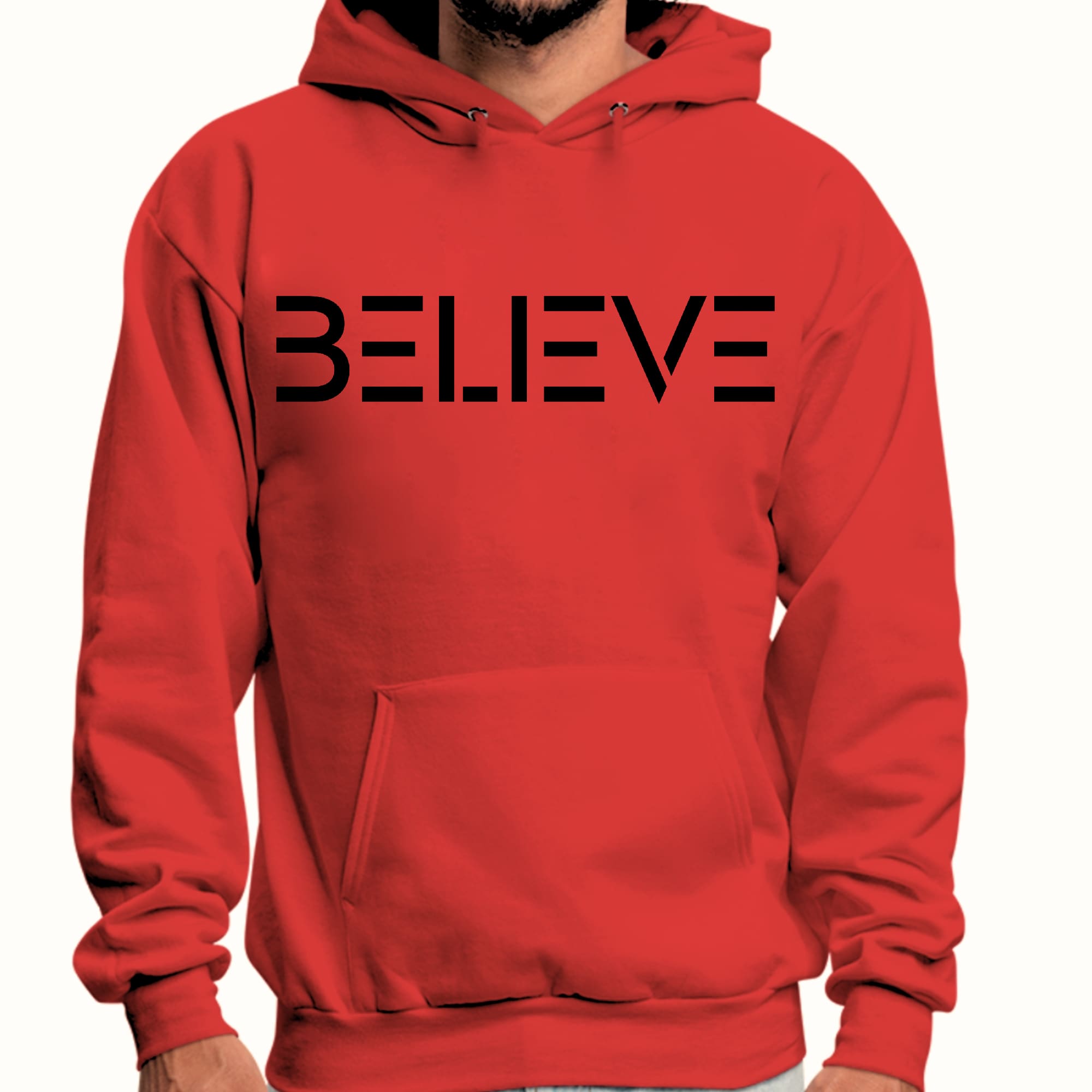 Men's black graphic hoodie featuring 'Believe' print, showcasing a comfortable and stylish design with drawstring neckline.