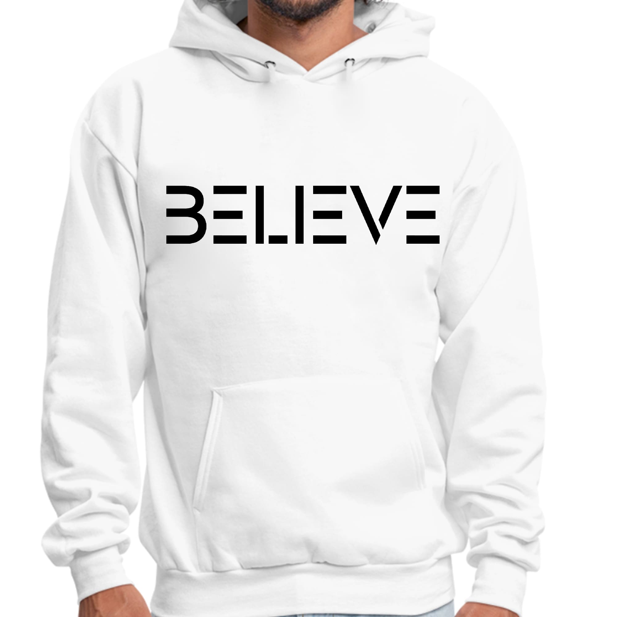 Men's black graphic hoodie featuring 'Believe' print, showcasing a comfortable and stylish design with drawstring neckline.