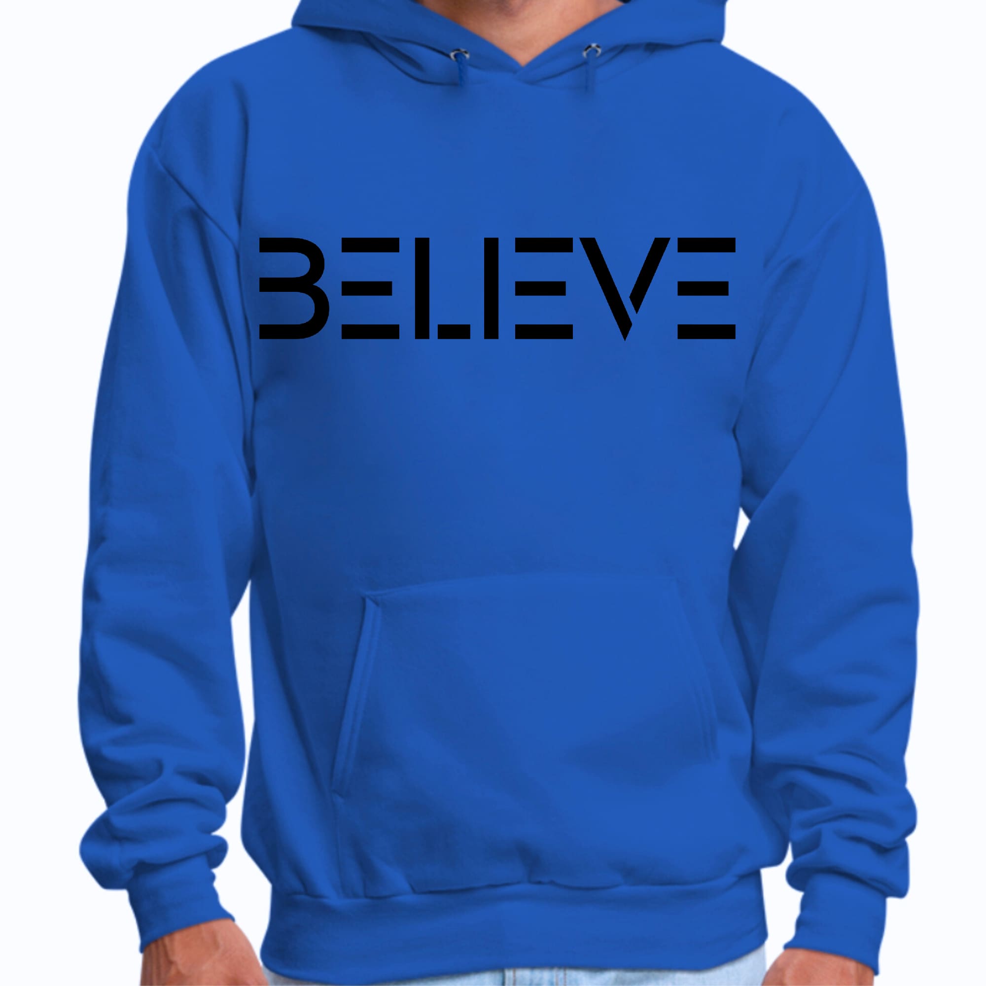 Men's black graphic hoodie featuring 'Believe' print, showcasing a comfortable and stylish design with drawstring neckline.