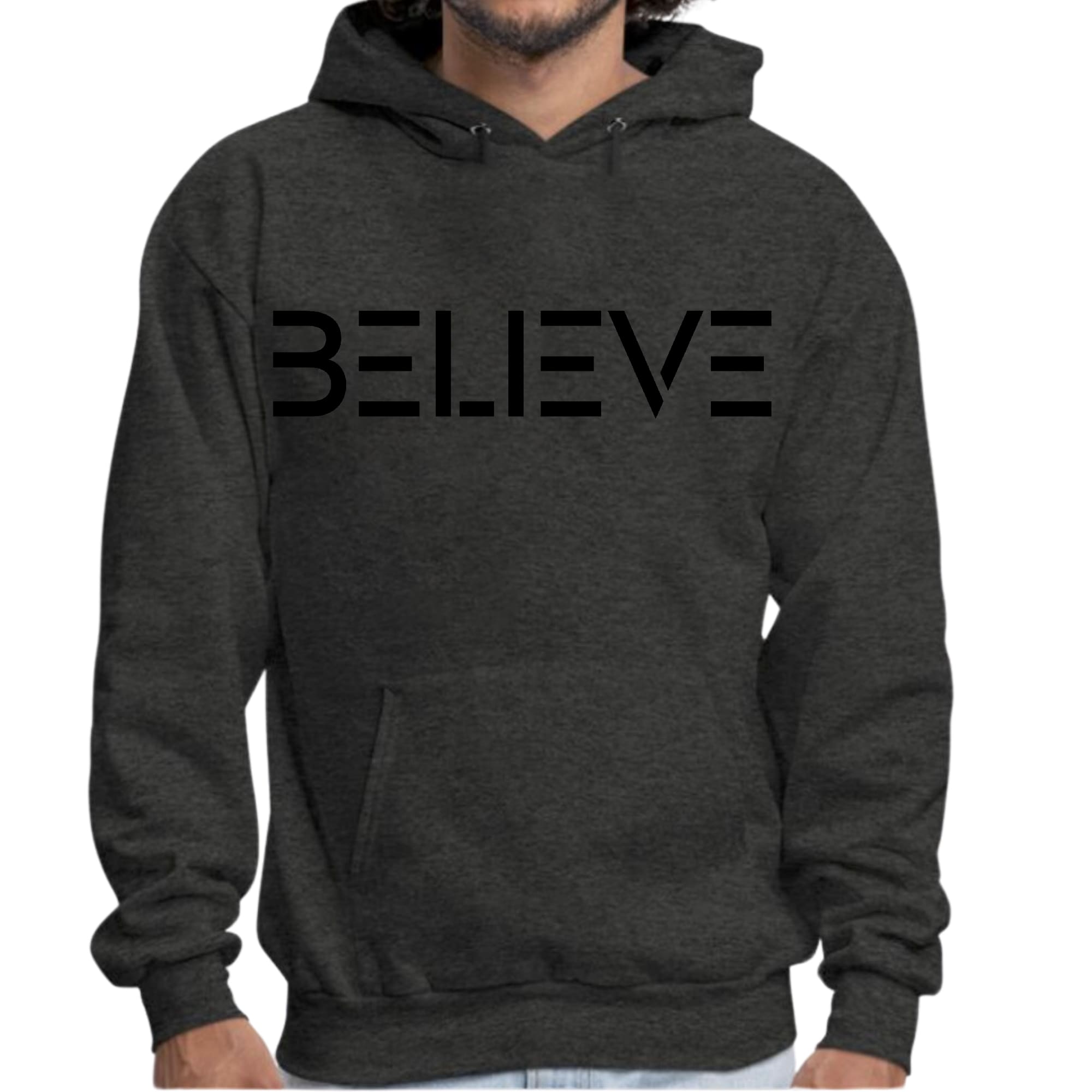 Men's black graphic hoodie featuring 'Believe' print, showcasing a comfortable and stylish design with drawstring neckline.