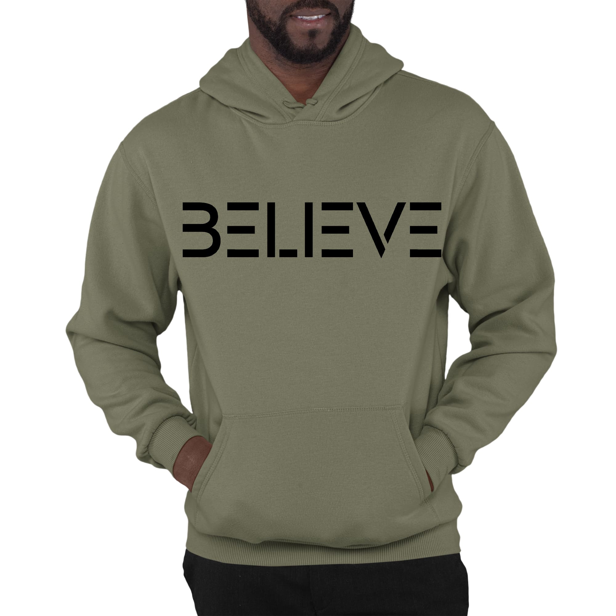 Men's black graphic hoodie featuring 'Believe' print, showcasing a comfortable and stylish design with drawstring neckline.