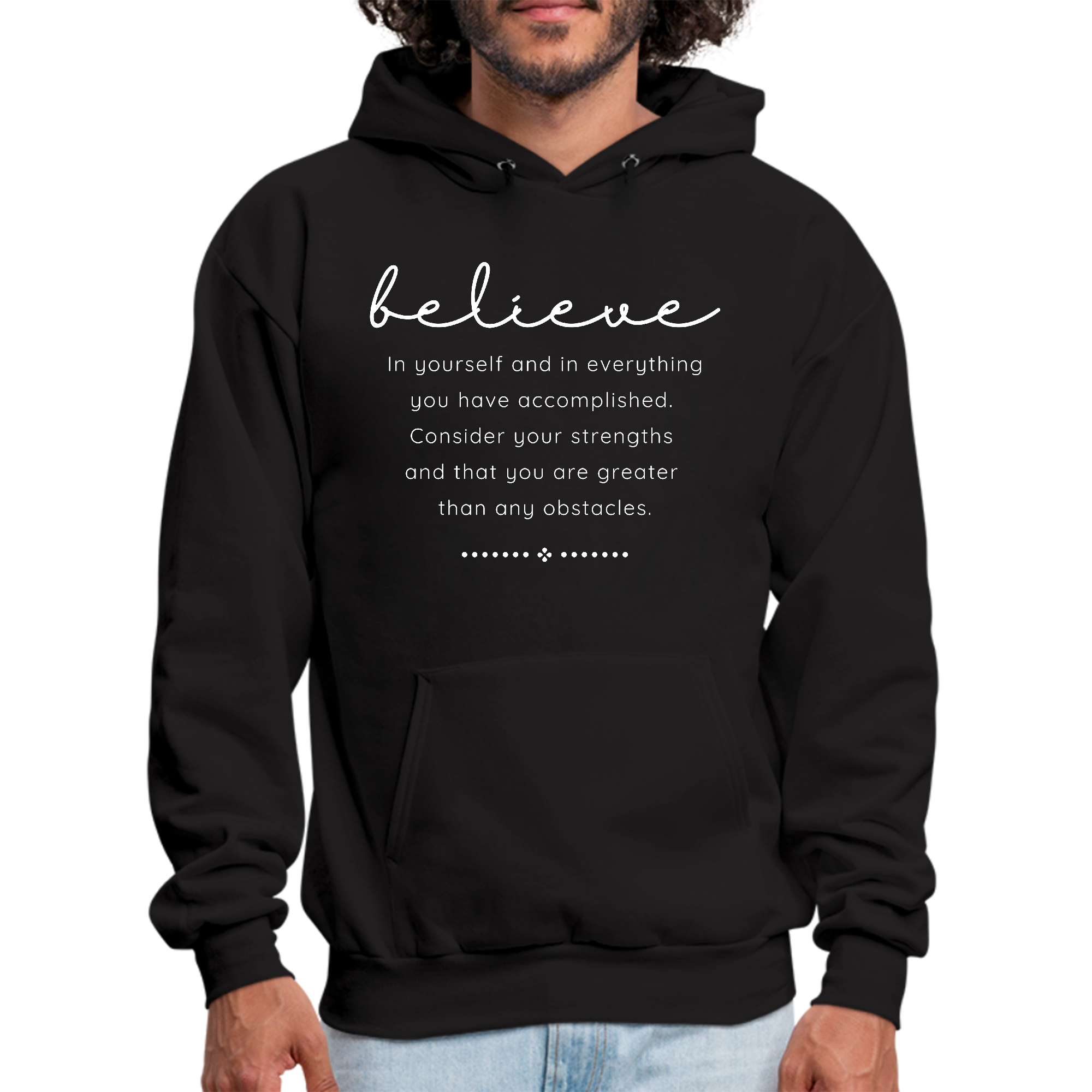 Mens Graphic Hoodie featuring 'Believe in Yourself' motivational design, soft fabric, and drawstring neckline.