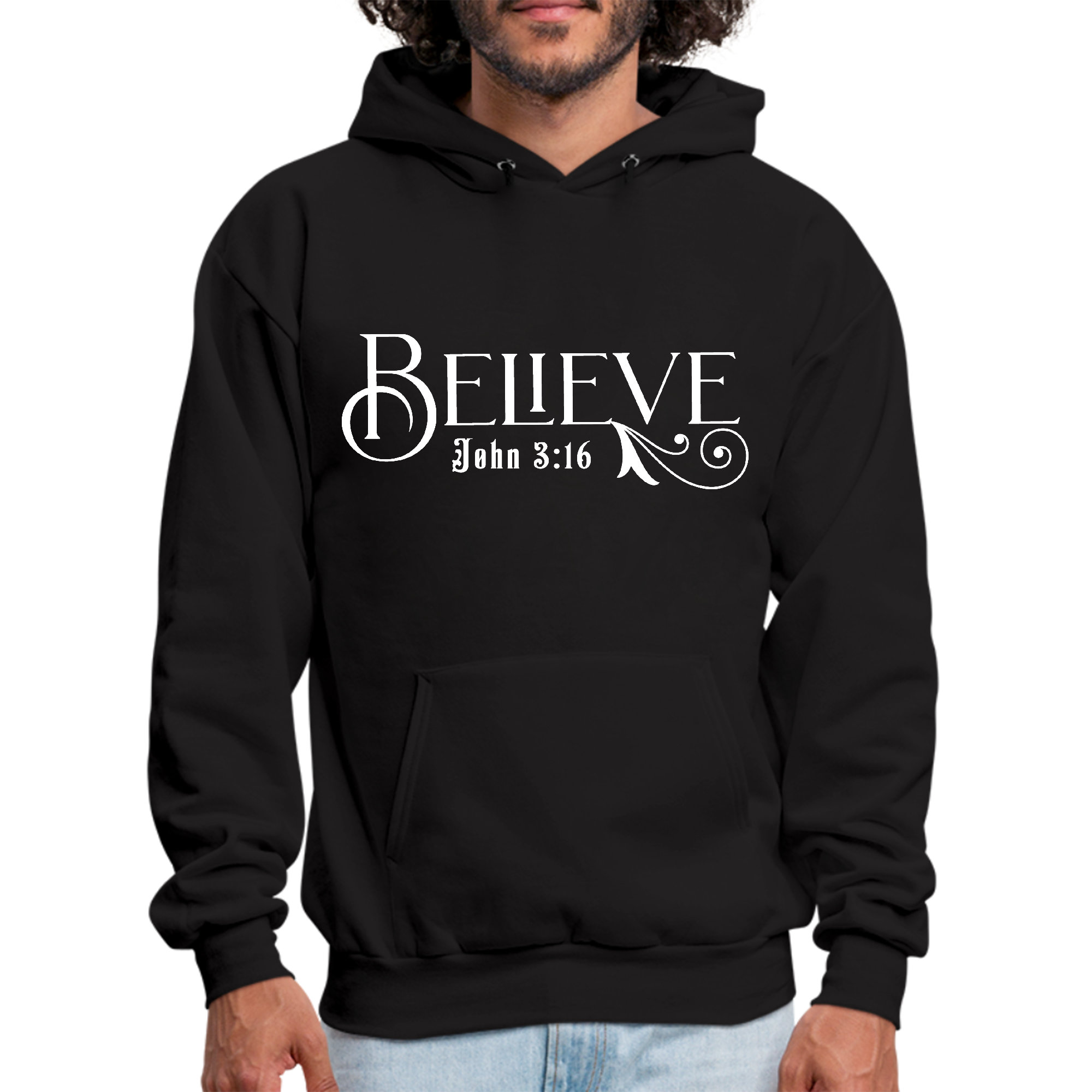 Mens Graphic Hoodie featuring John 3:16 scripture print, showcasing a comfortable and stylish design with a drawstring neckline.