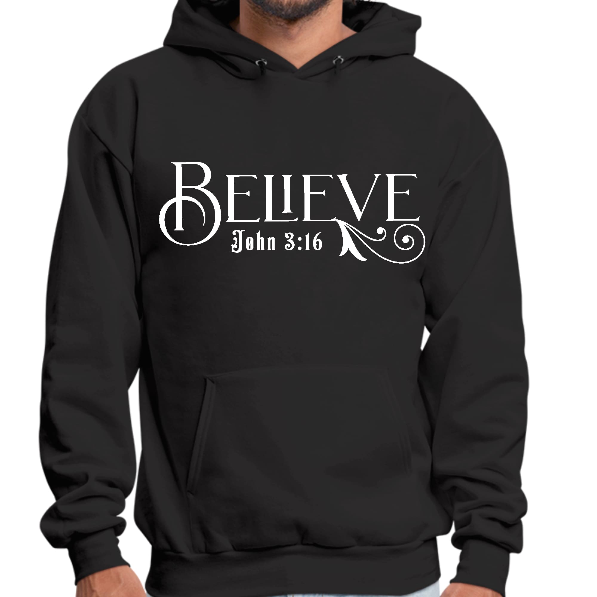 Mens Graphic Hoodie featuring John 3:16 scripture print, showcasing a comfortable and stylish design with a drawstring neckline.