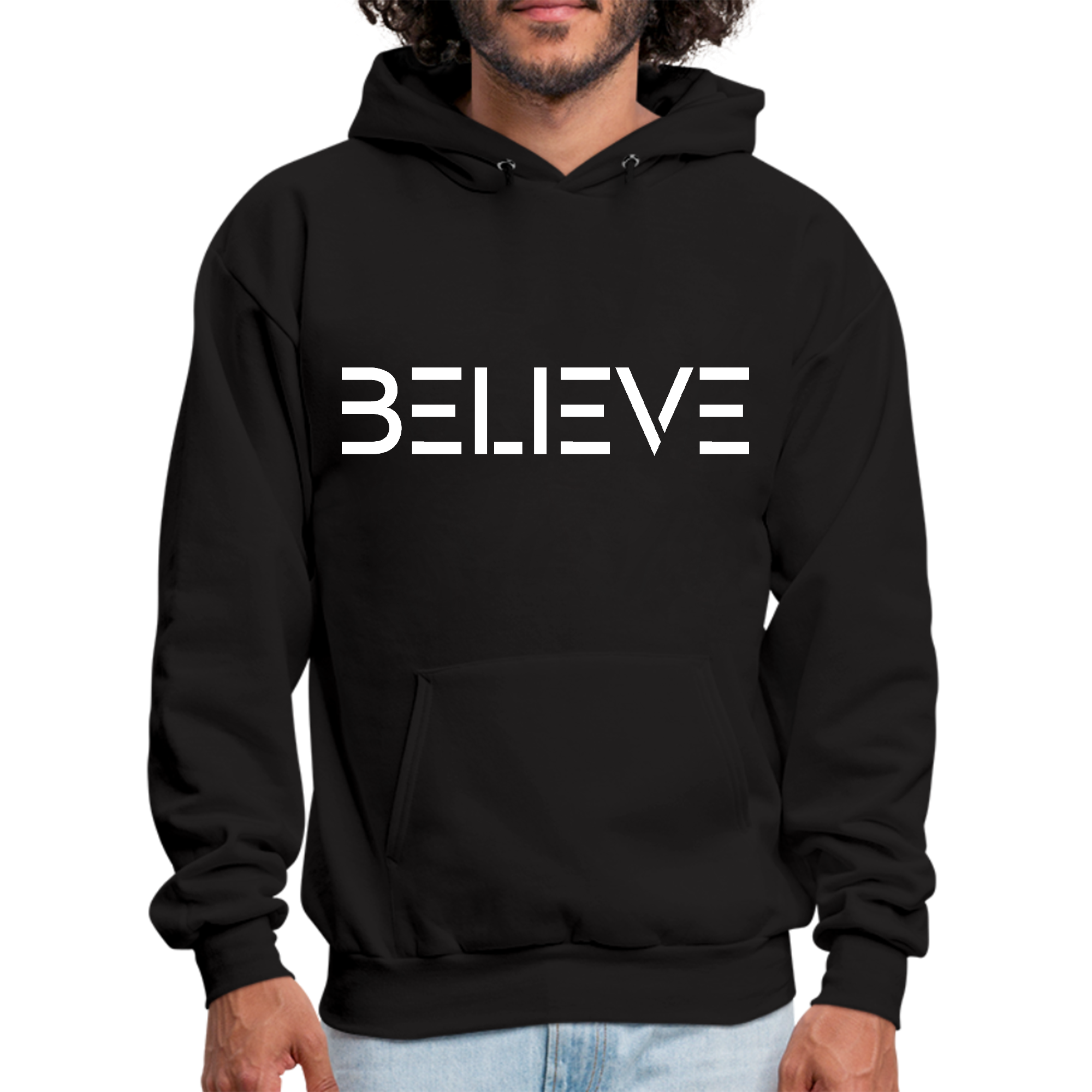 Mens Graphic Hoodie featuring a white 'Believe' print, showcasing a comfortable fit and stylish design.