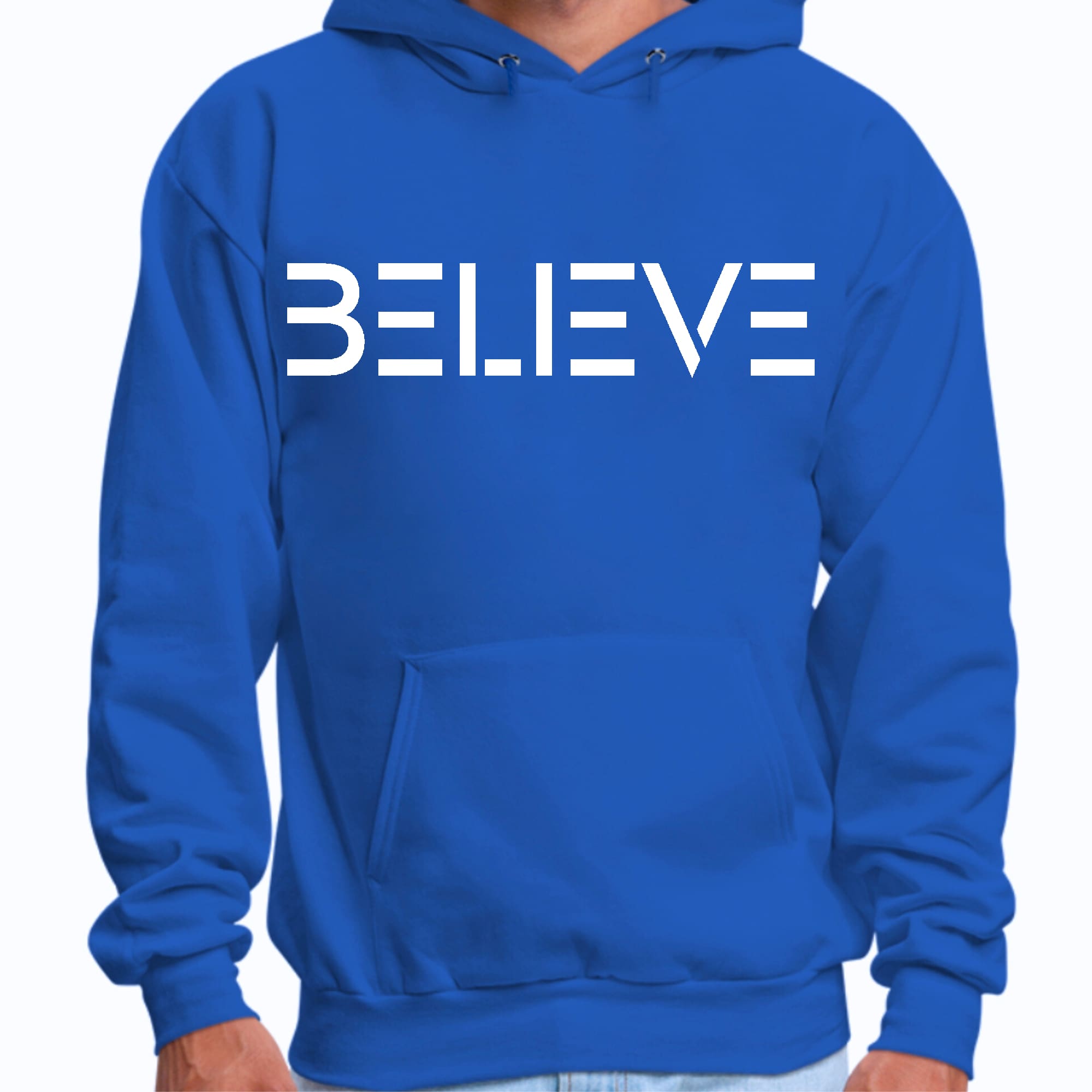 Mens Graphic Hoodie featuring a white 'Believe' print, showcasing a comfortable fit and stylish design.