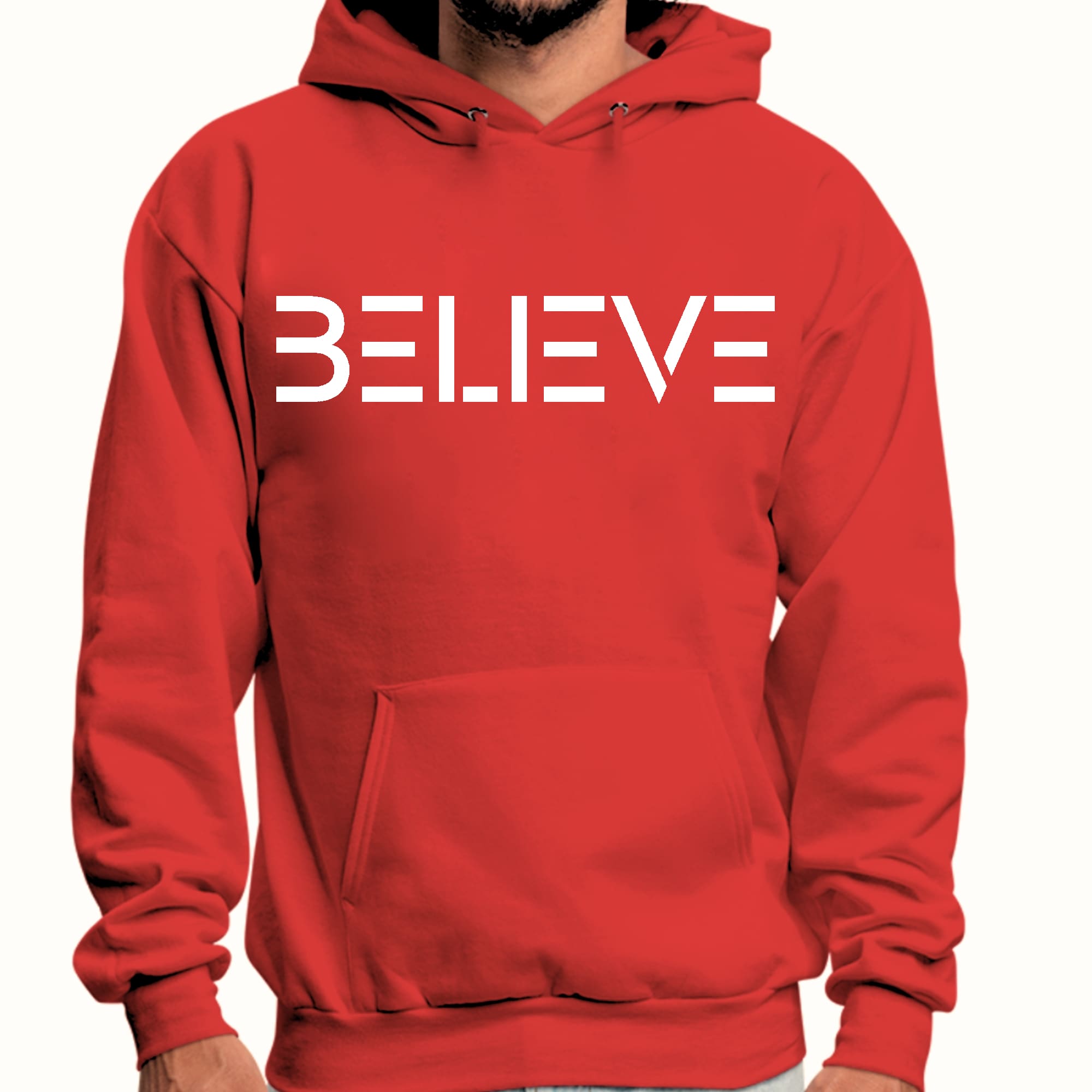 Mens Graphic Hoodie featuring a white 'Believe' print, showcasing a comfortable fit and stylish design.