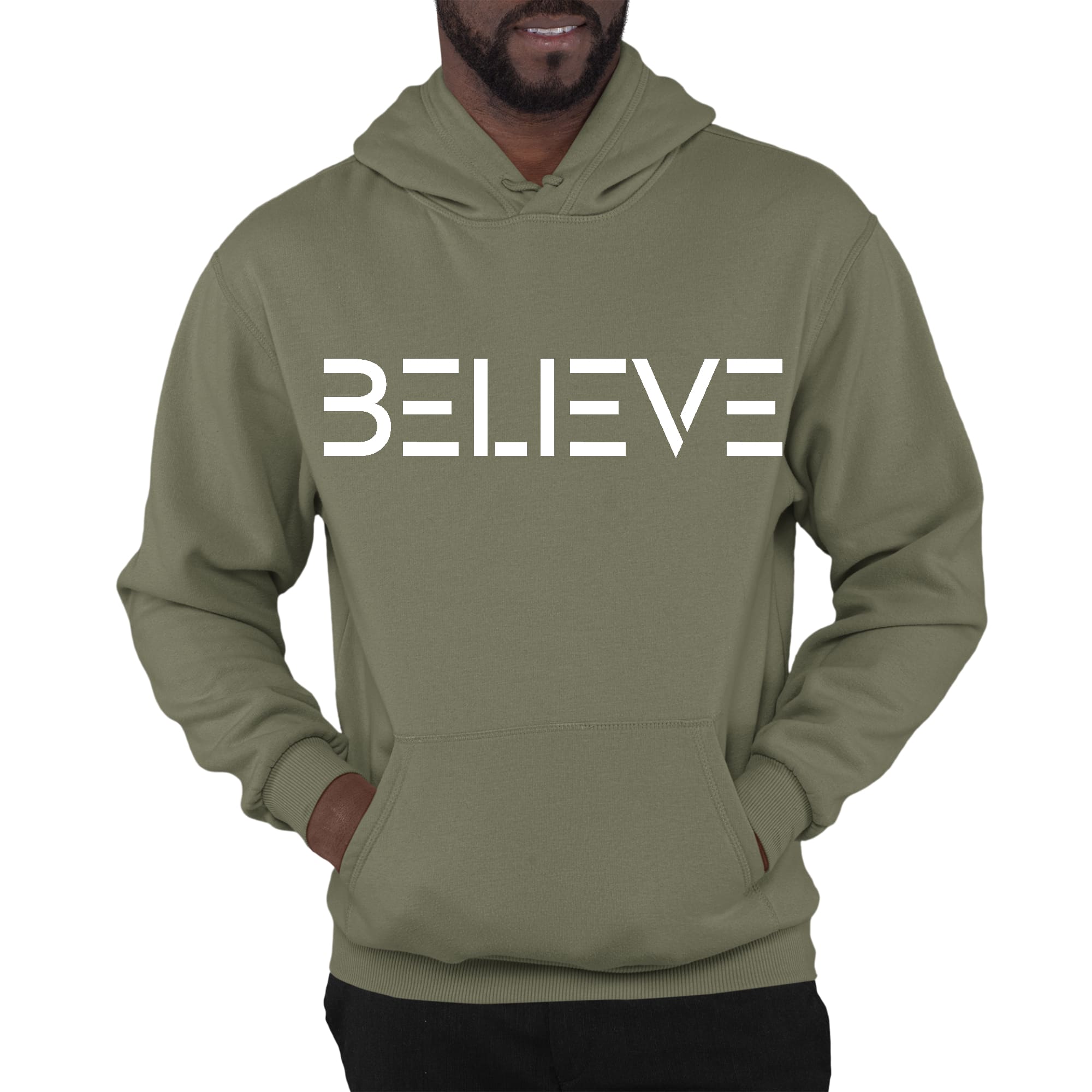 Mens Graphic Hoodie featuring a white 'Believe' print, showcasing a comfortable fit and stylish design.