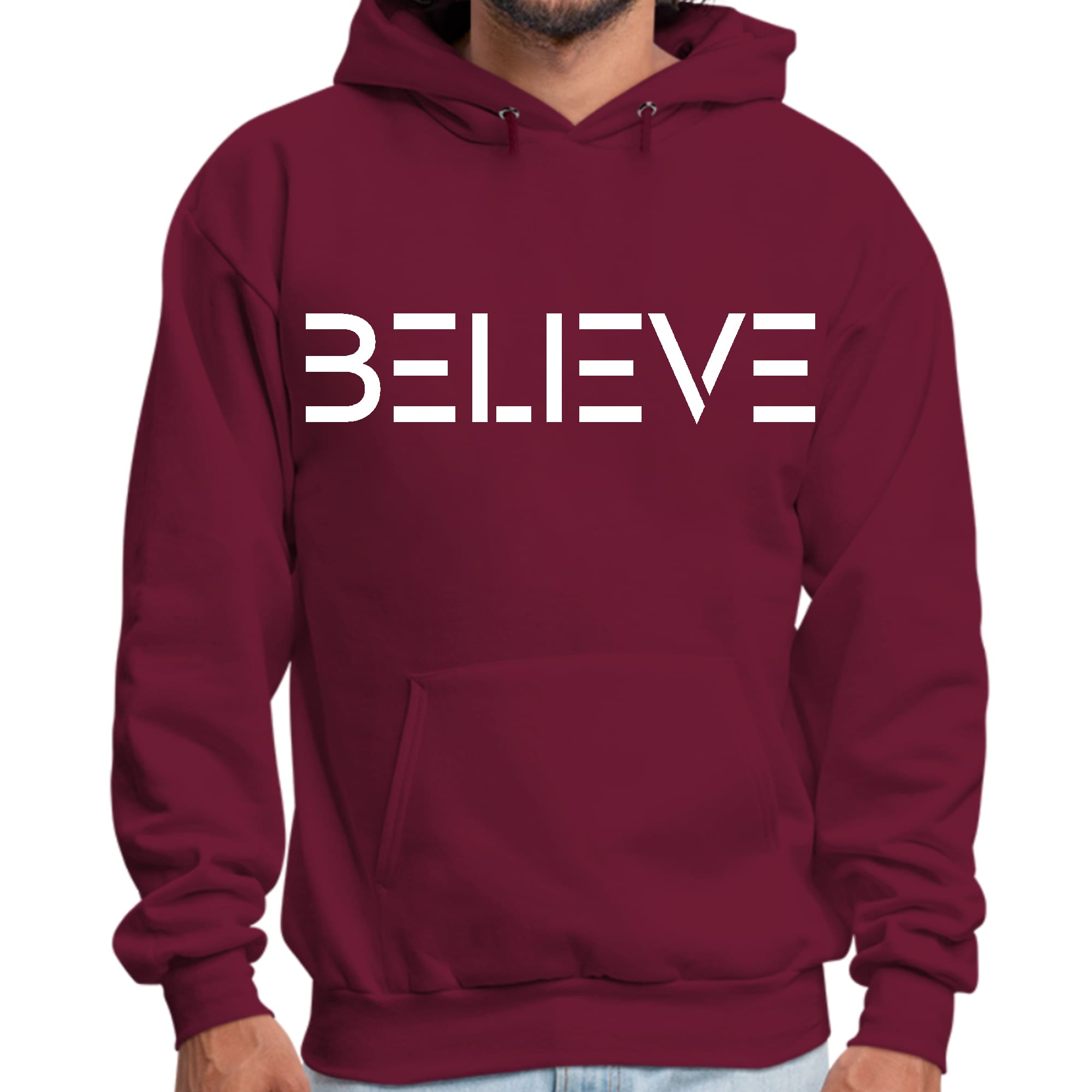 Mens Graphic Hoodie featuring a white 'Believe' print, showcasing a comfortable fit and stylish design.