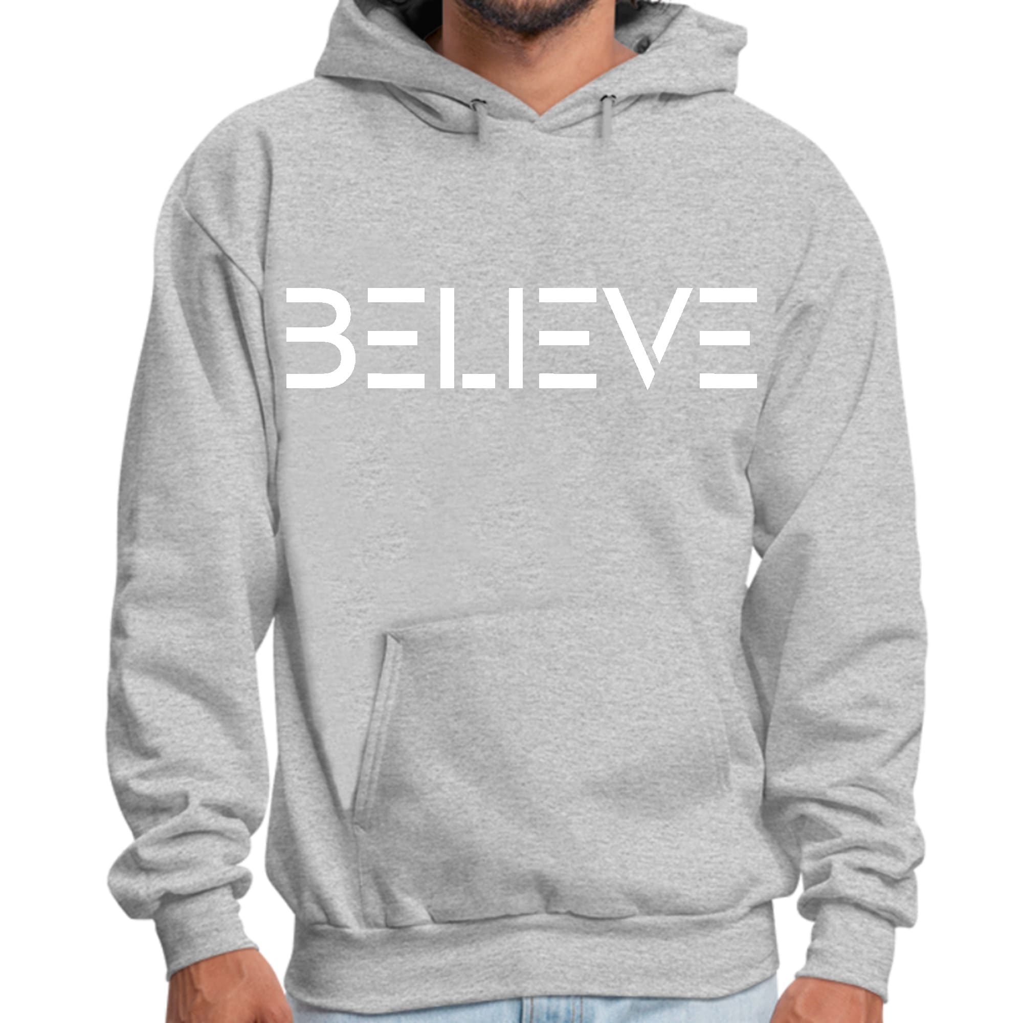 Mens Graphic Hoodie featuring a white 'Believe' print, showcasing a comfortable fit and stylish design.