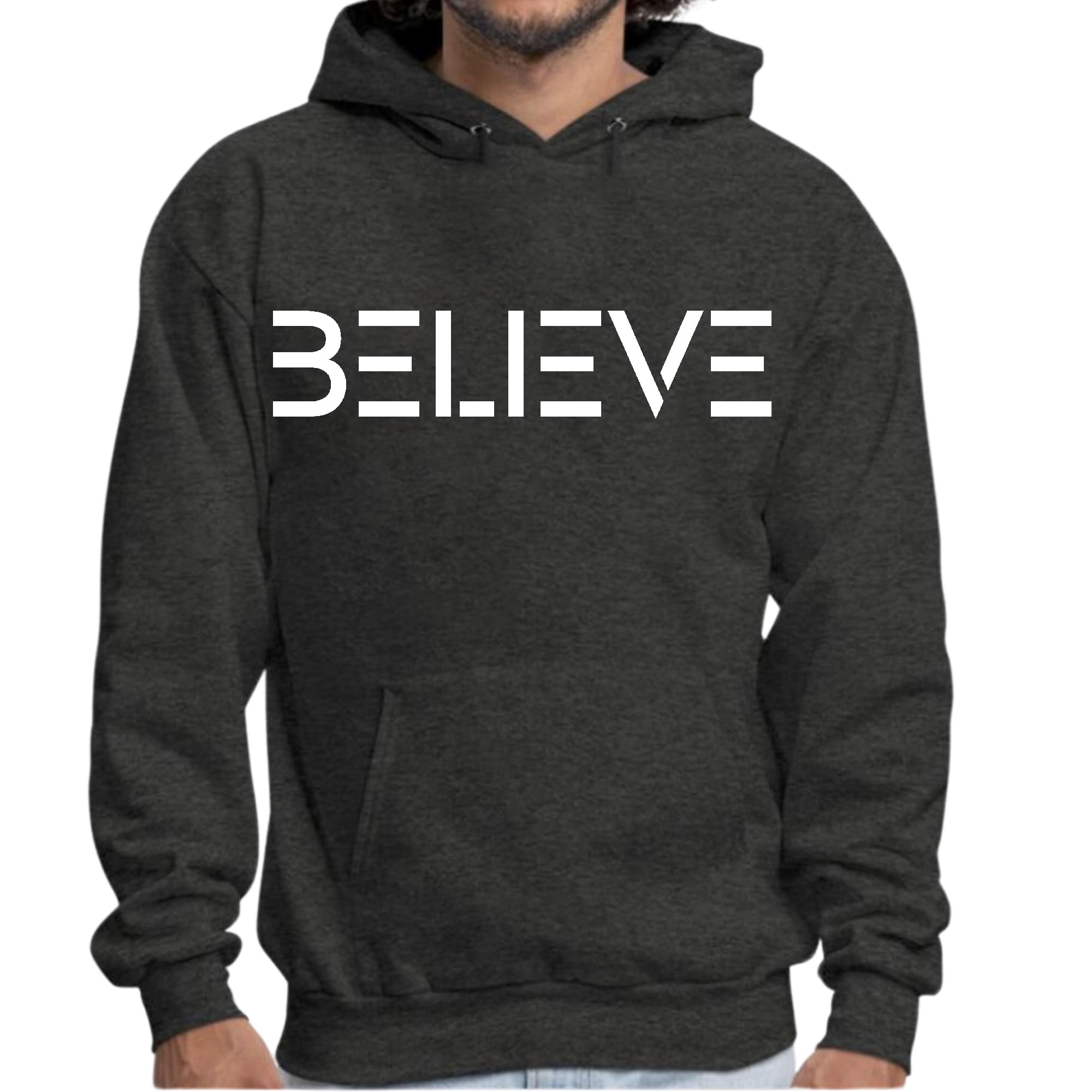 Mens Graphic Hoodie featuring a white 'Believe' print, showcasing a comfortable fit and stylish design.