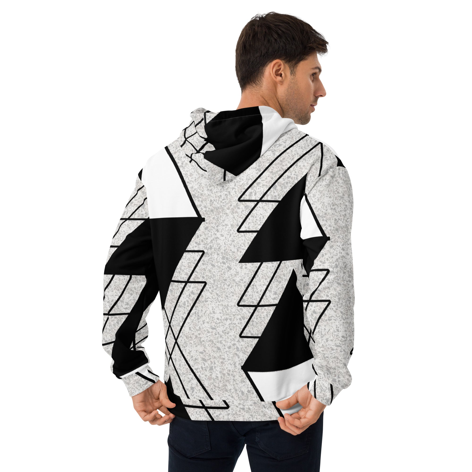 Men's Graphic Hoodie in Black and White Ash Grey with Triangular Colorblock design, showcasing a modern and stylish look.