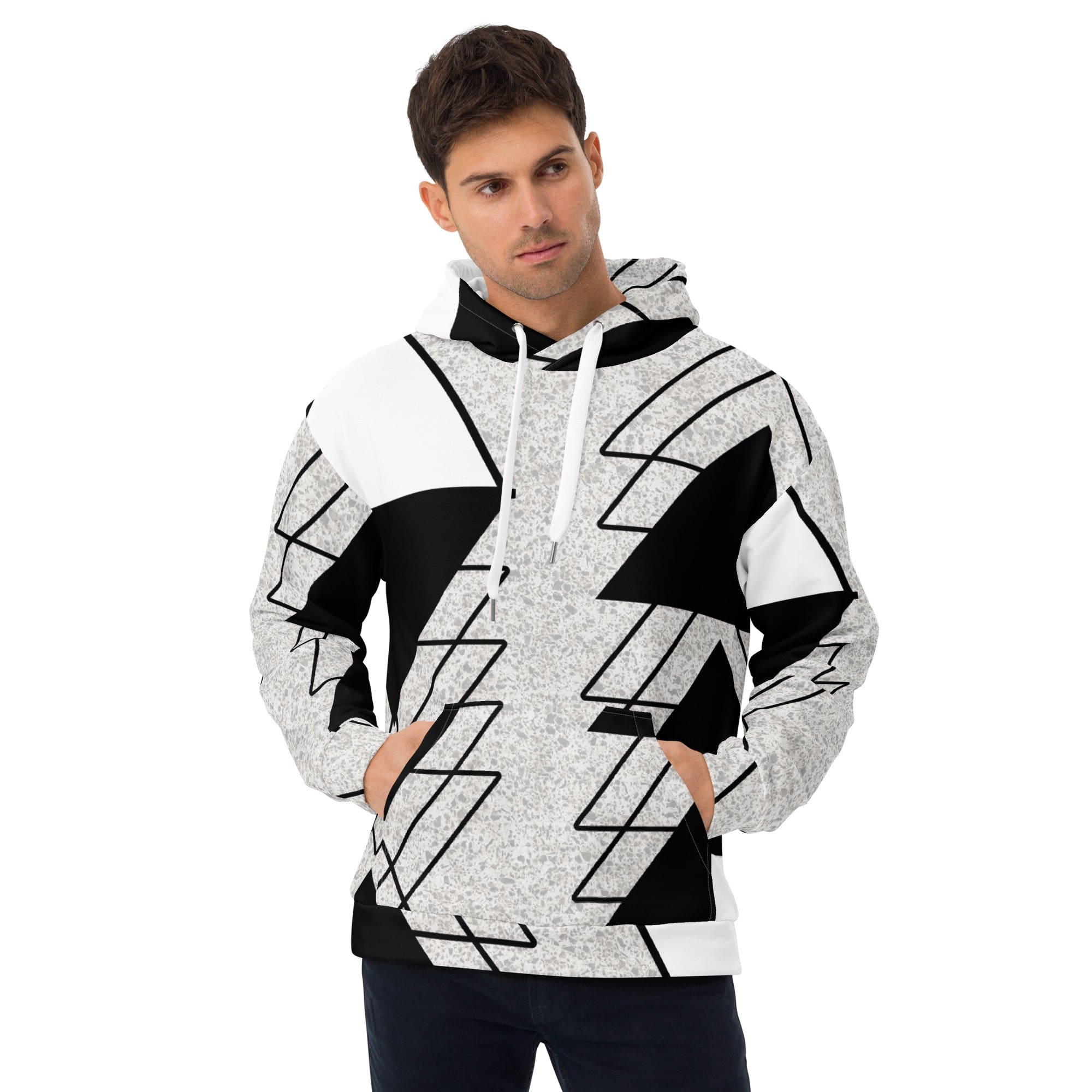 Men's Graphic Hoodie in Black and White Ash Grey with Triangular Colorblock design, showcasing a modern and stylish look.