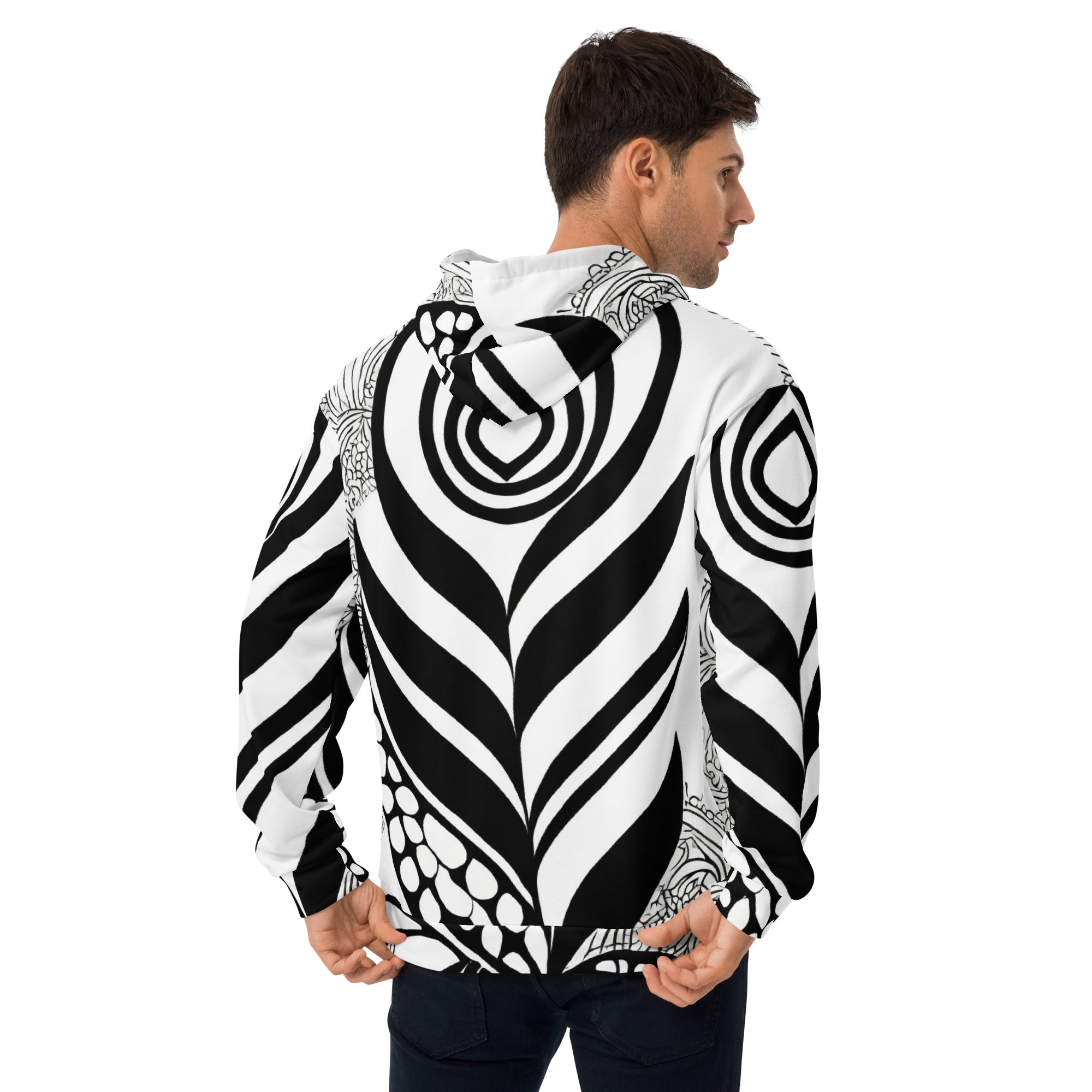 Mens Graphic Hoodie featuring a bold black floral line art print, showcasing a stylish design with a double-lined hood and front pouch pocket.