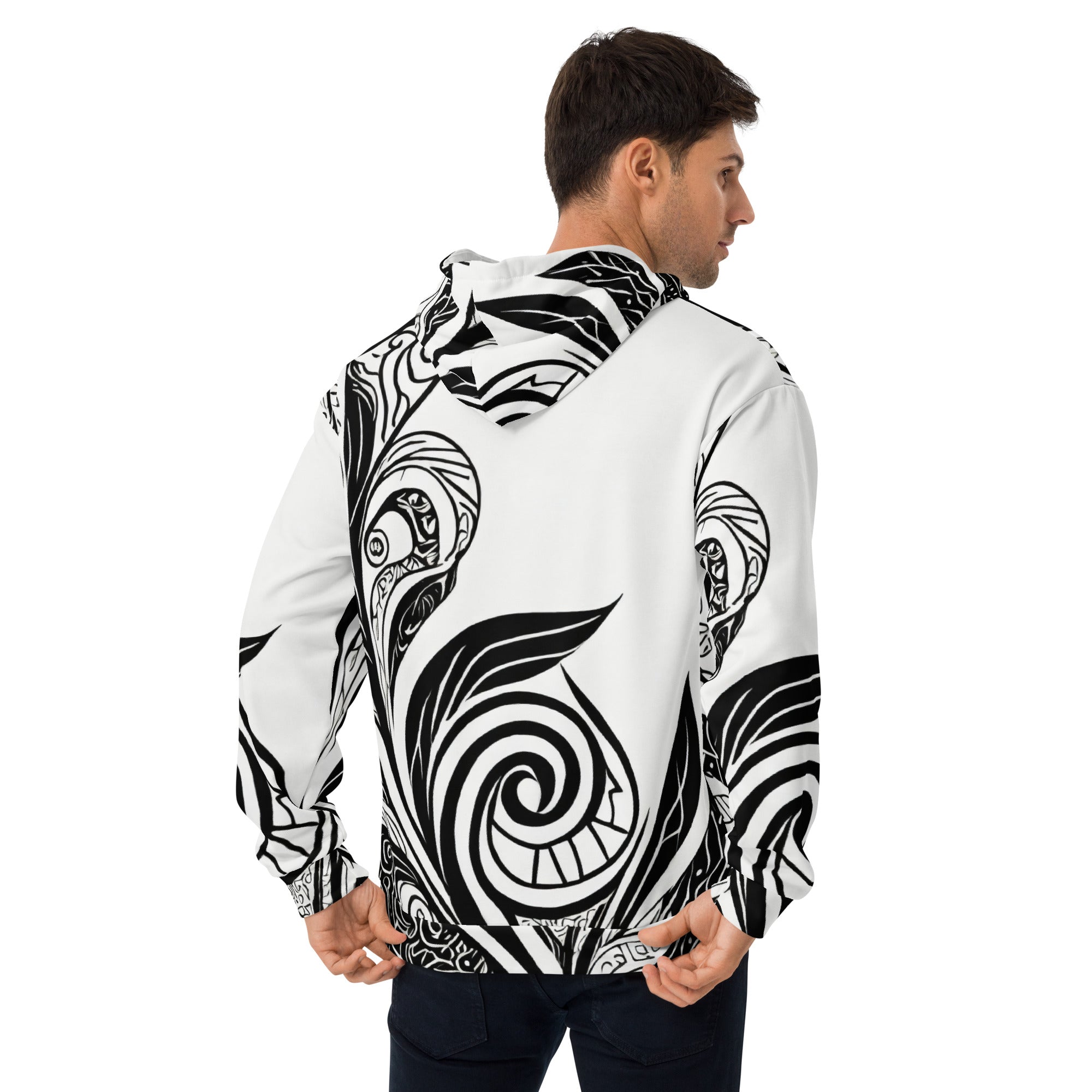 Mens Graphic Hoodie featuring a black floral line art print, showcasing a stylish design with a double-lined hood and front pouch pocket.