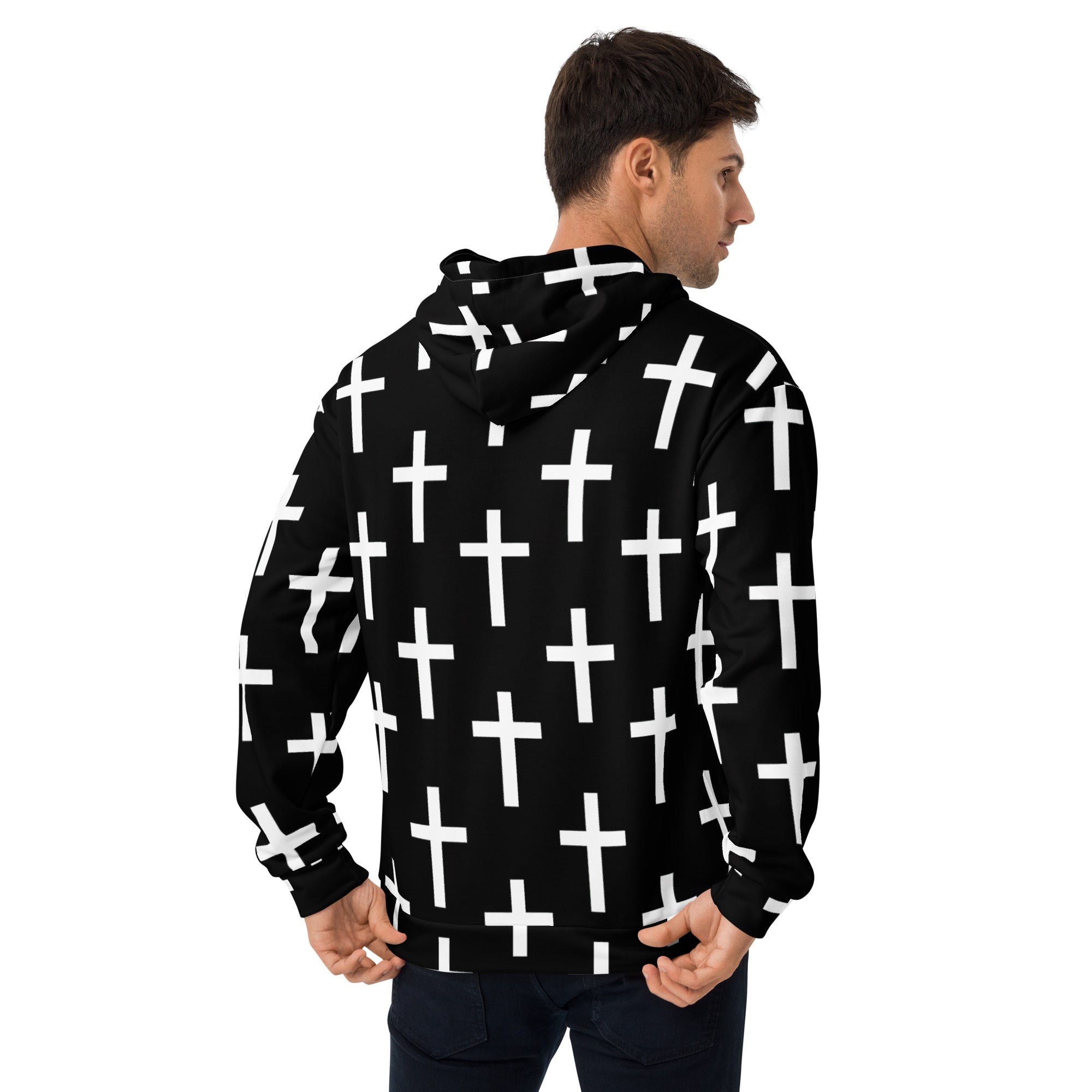 Men's Graphic Hoodie featuring a black and white seamless cross print, showcasing a stylish and comfortable design with a hood and front pocket.